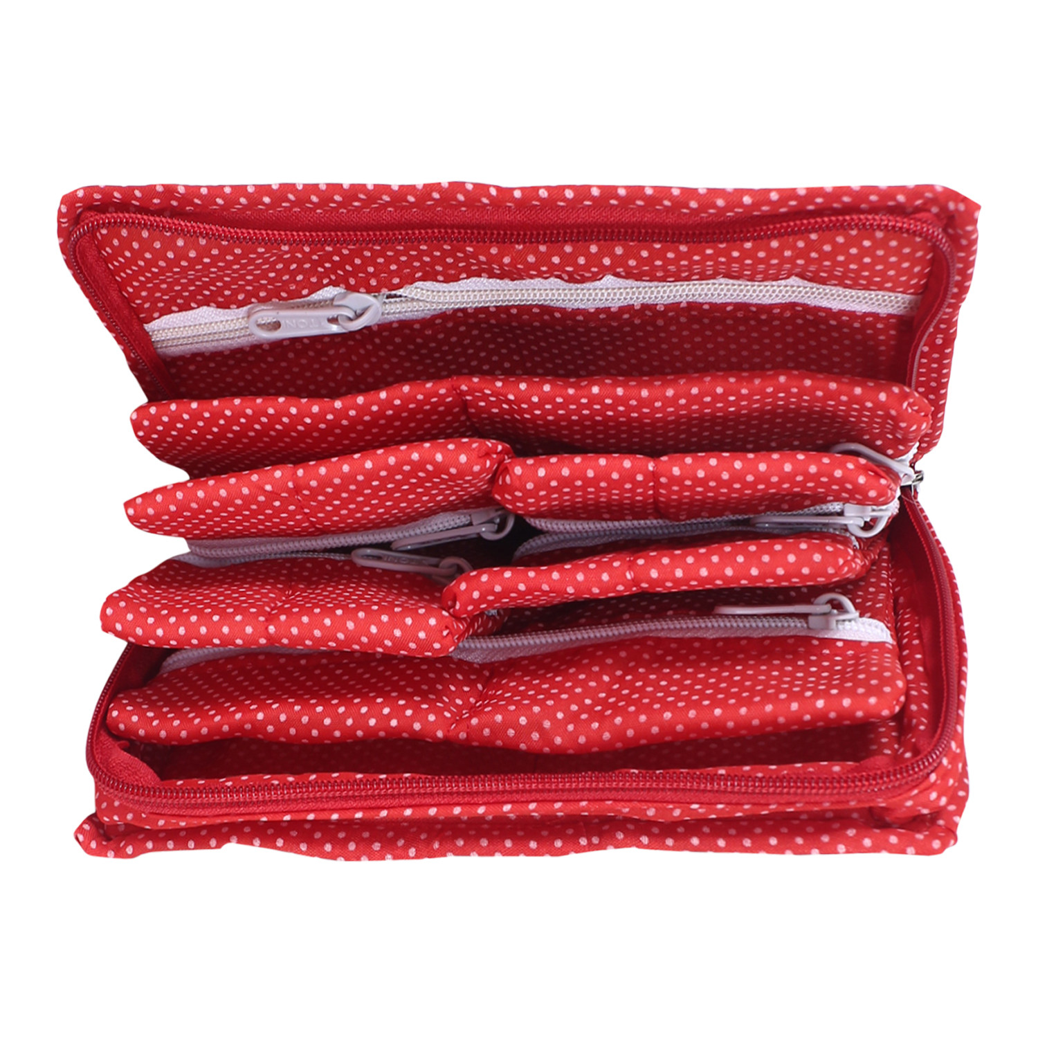 Kuber Industries Jewellery Kit | Cotton Bow Dot Print Travel Kit | 7 Pouch Jewellery Storage Kit | Makeup Organizer for Woman | Red