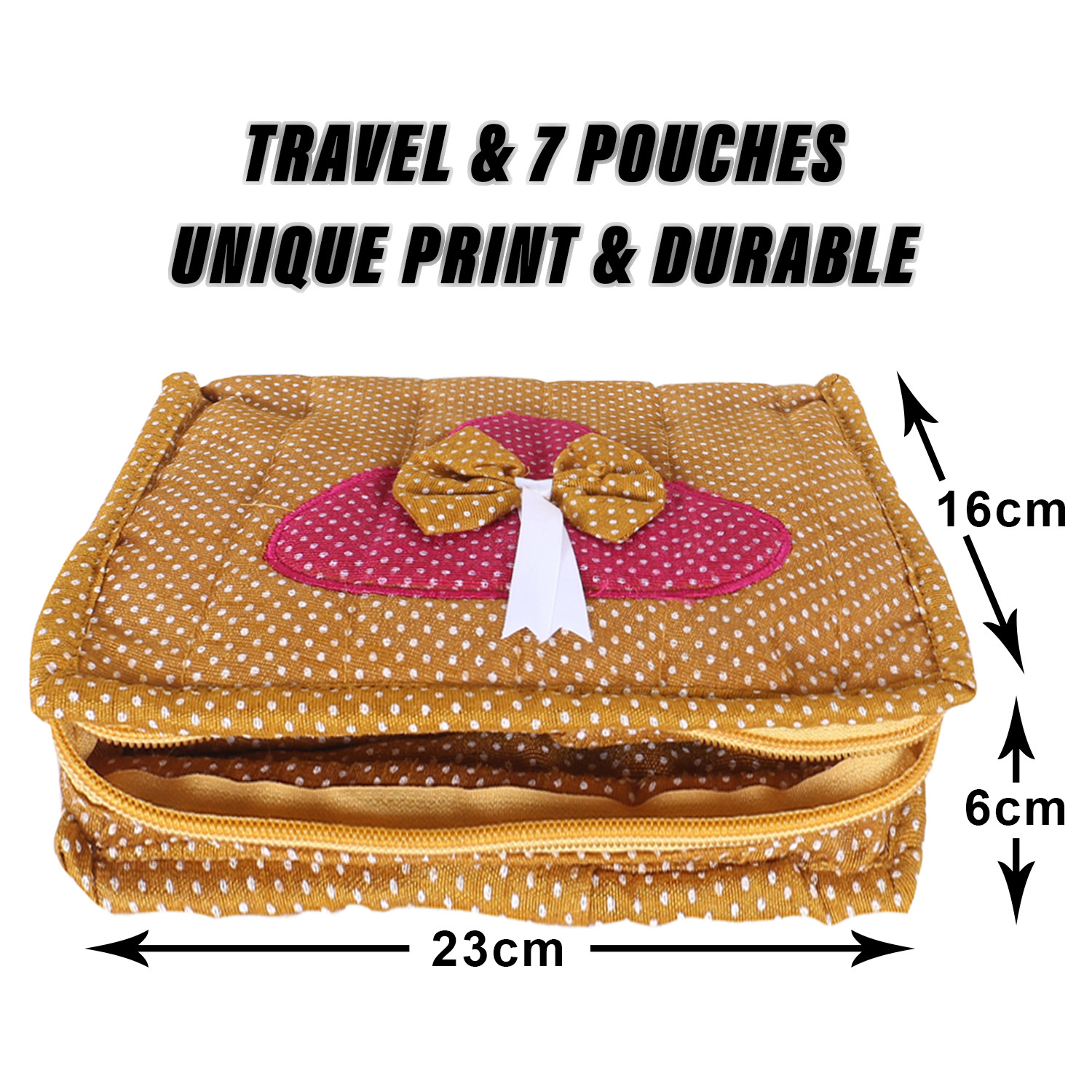 Kuber Industries Jewellery Kit | Cotton Bow Dot Print Travel Kit | 7 Pouch Jewellery Storage Kit | Makeup Organizer for Woman | Gold
