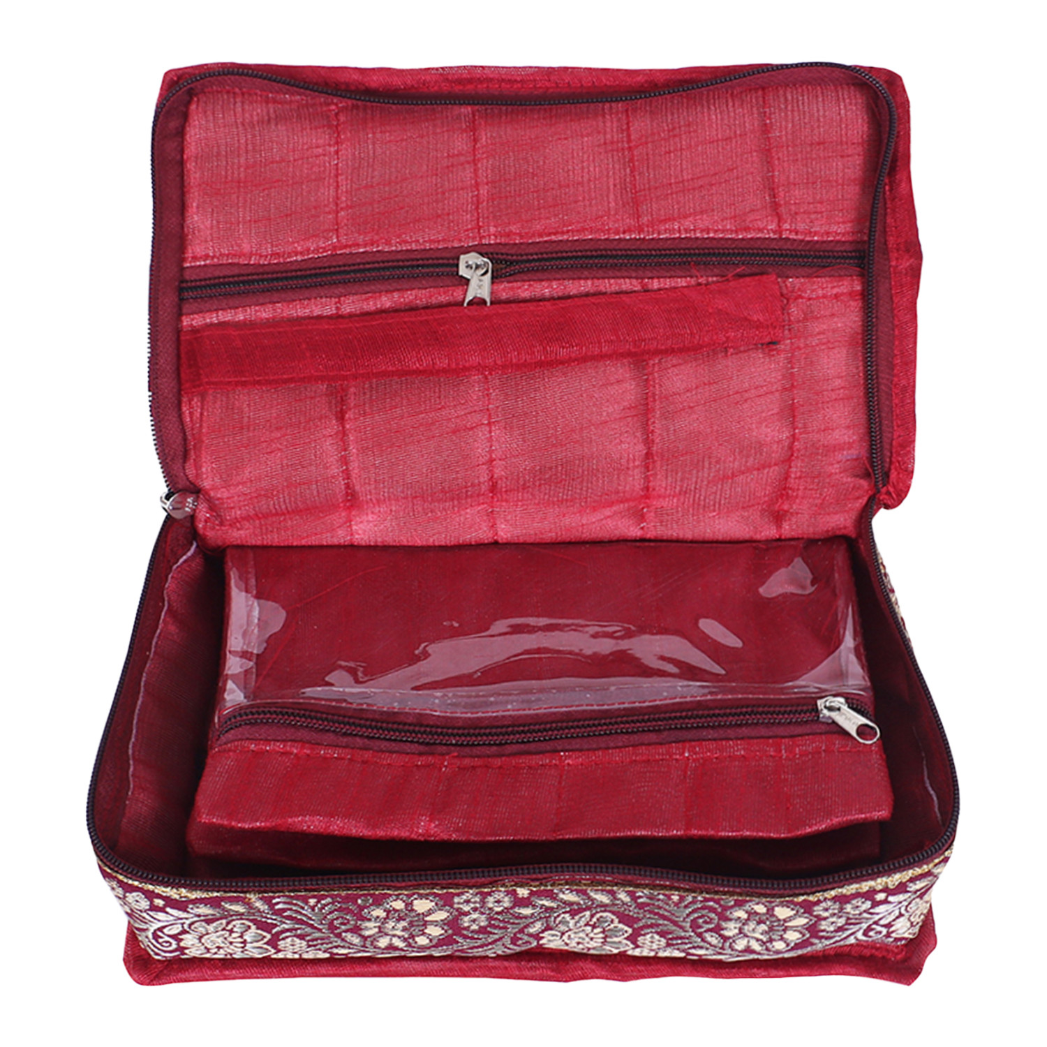 Kuber Industries Jewellery Kit | Cotton Maroon Lace Jewellery Storage Kit | 6 Pouch Travel Organizer for woman | Cosmetic  Kit for Necklace | Rings | Bracelet | Maroon