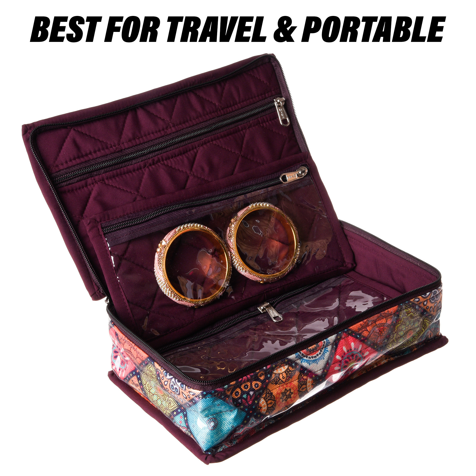 Kuber Industries Jewellery Kit | Travel Makeup Organizer | Zipper Clouser Cosmetic Kit | 6 Pouch Jewellery Kit | Cosmetic Bag for Women | Bow Rangoli Jewellery Kit | Wine