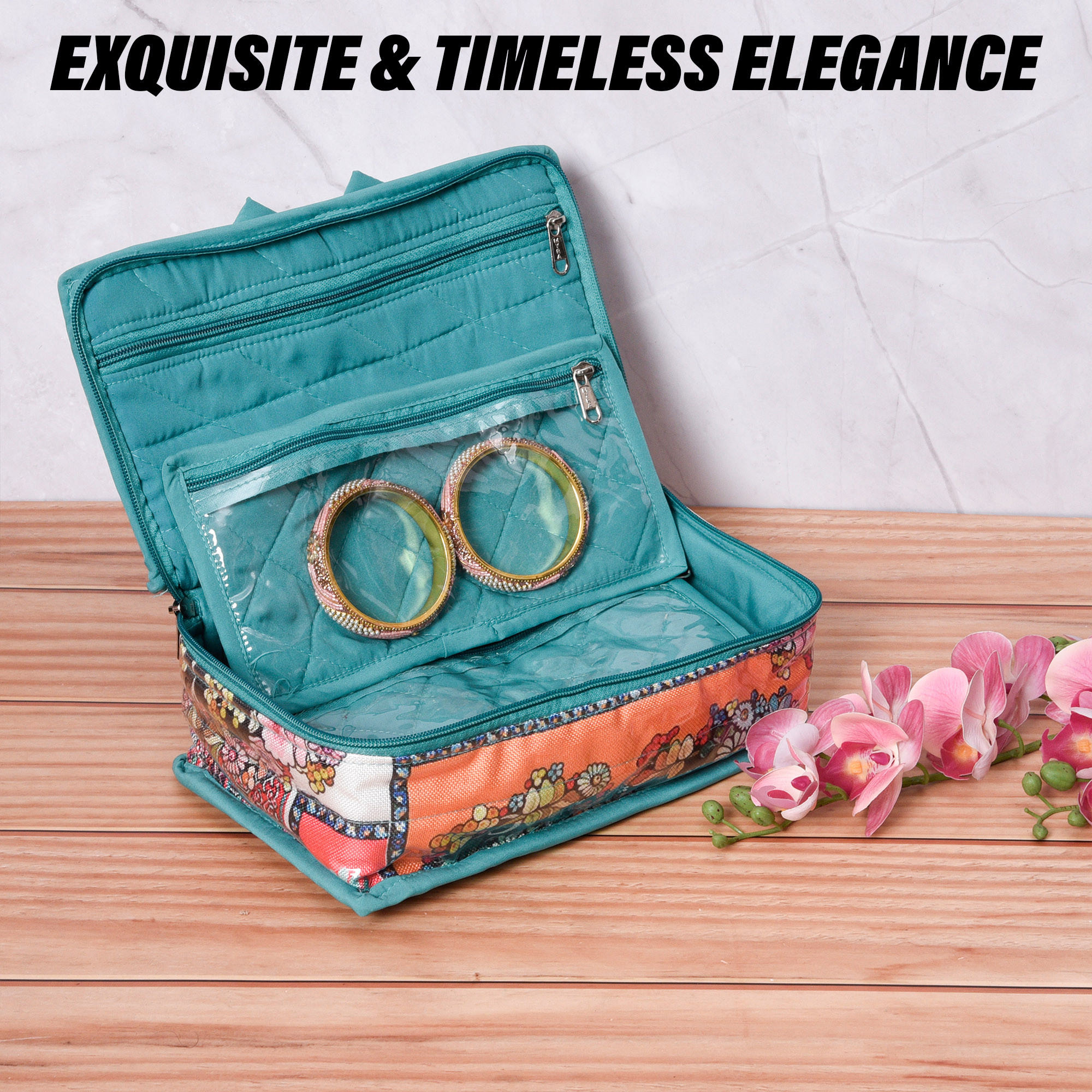 Kuber Industries Jewellery Kit | Travel Makeup Organizer | Zipper Clouser Cosmetic Kit | 6 Pouch Jewellery Kit | Cosmetic Bag for Women | Bow Flower Jewellery Kit | Sea Green
