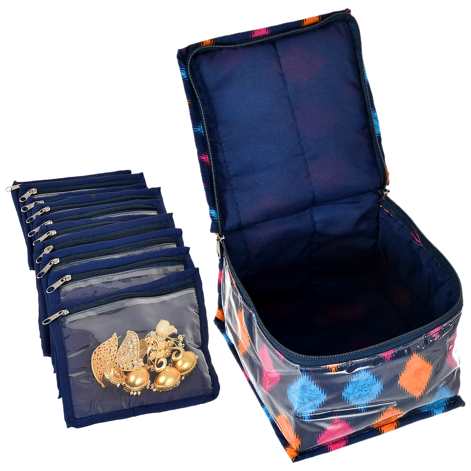 Kuber Industries Jewellery Kit | Zig Zag Print Locker Storage Kit | Laminated Jewellery Kit | 10 Detachable pouch | Cosmetic Kit for Necklace | Bracelet | Blue