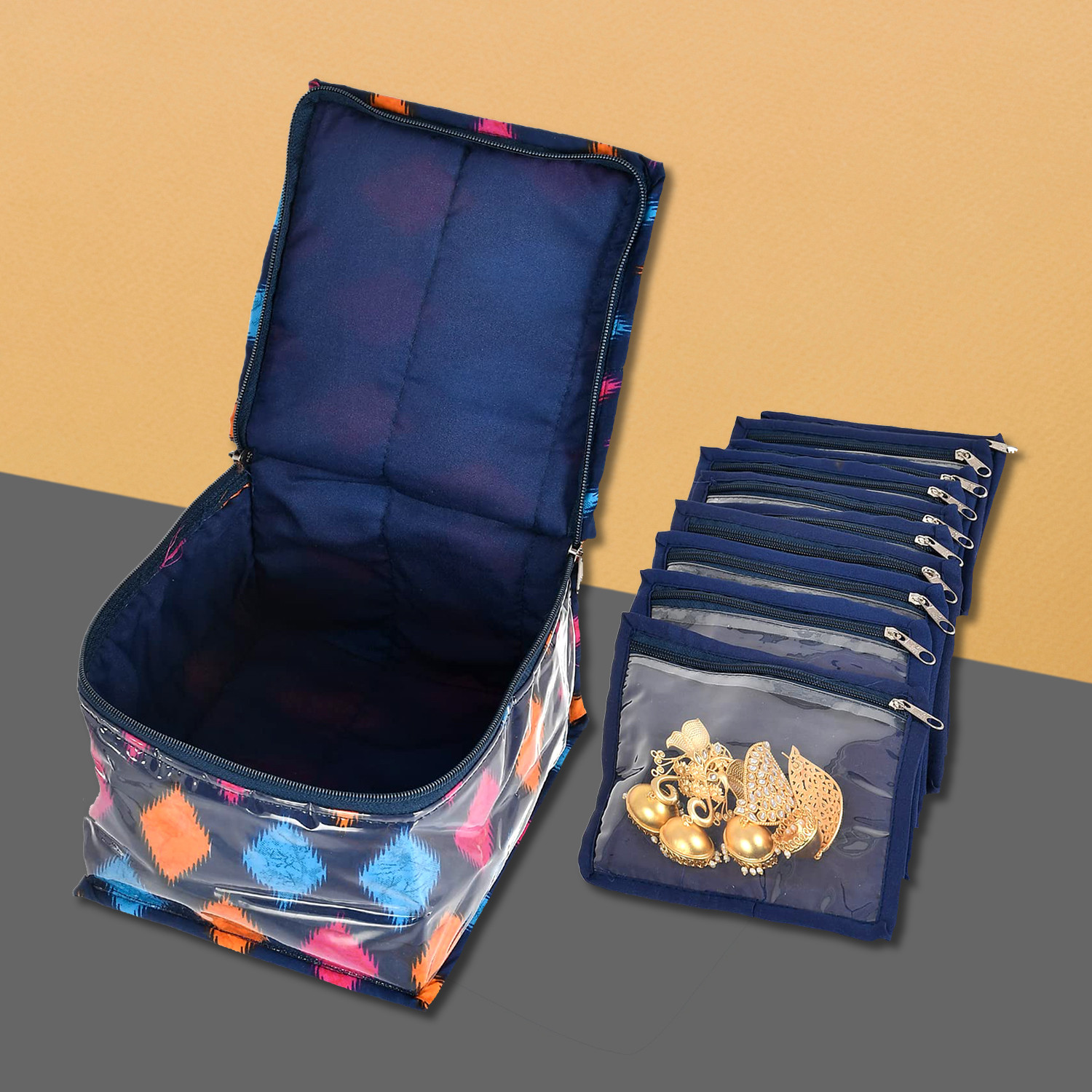 Kuber Industries Jewellery Kit | Zig Zag Print Locker Storage Kit | Laminated Jewellery Kit | 10 Detachable pouch | Cosmetic Kit for Necklace | Bracelet | Blue