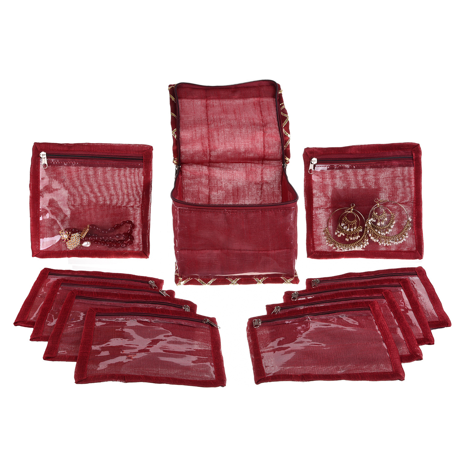 Kuber Industries Jewellery Organizer | PVC Laminated Gota Check Design Vanity Organizer for Women | Cosmetic kit with 10 Transparent Pouches | Maroon