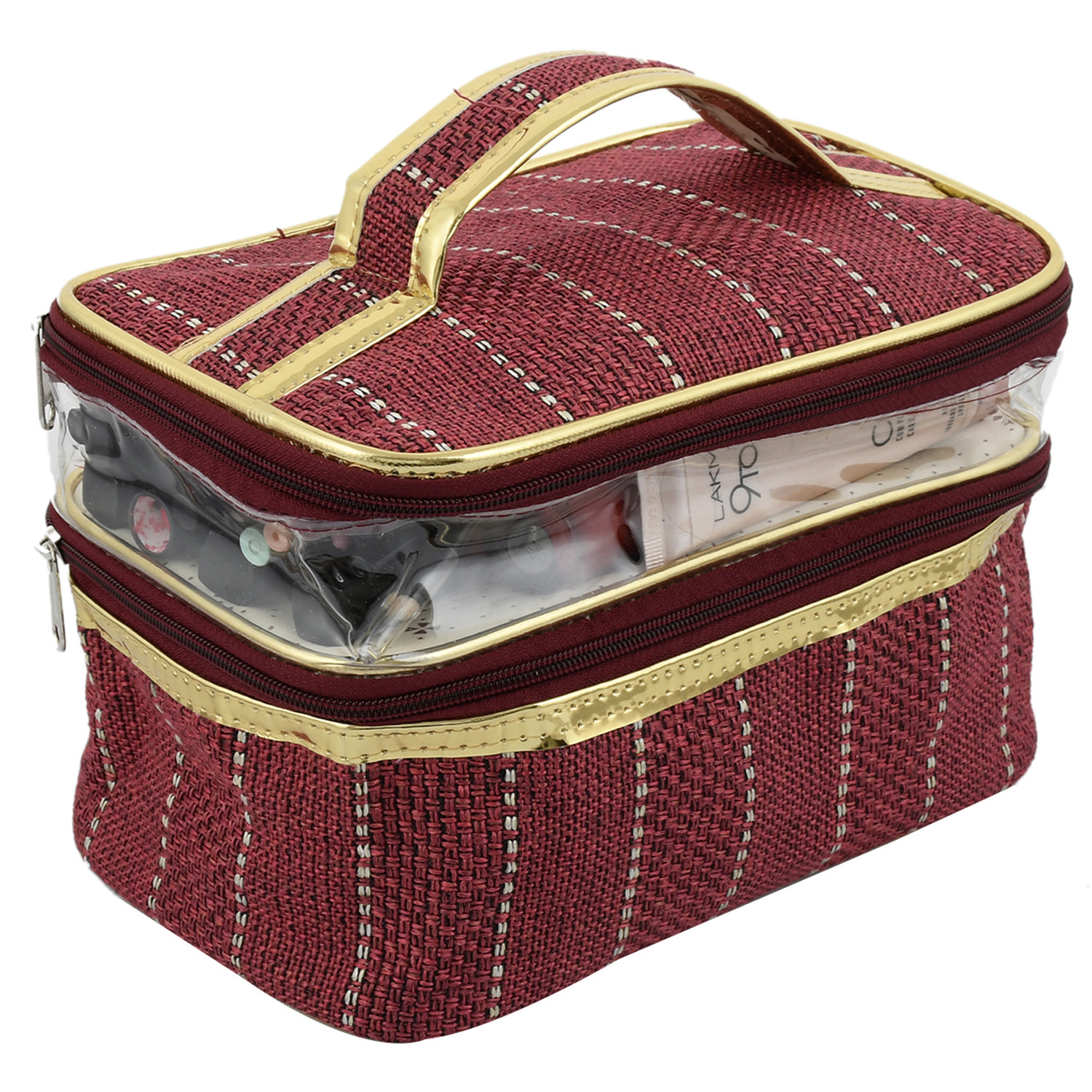 Kuber Industries Jute Design Make Up Kit Cum Cosmetic Kit, Jewellery Kit, Pouches for travel accessories (Maroon) -CTKTC38979