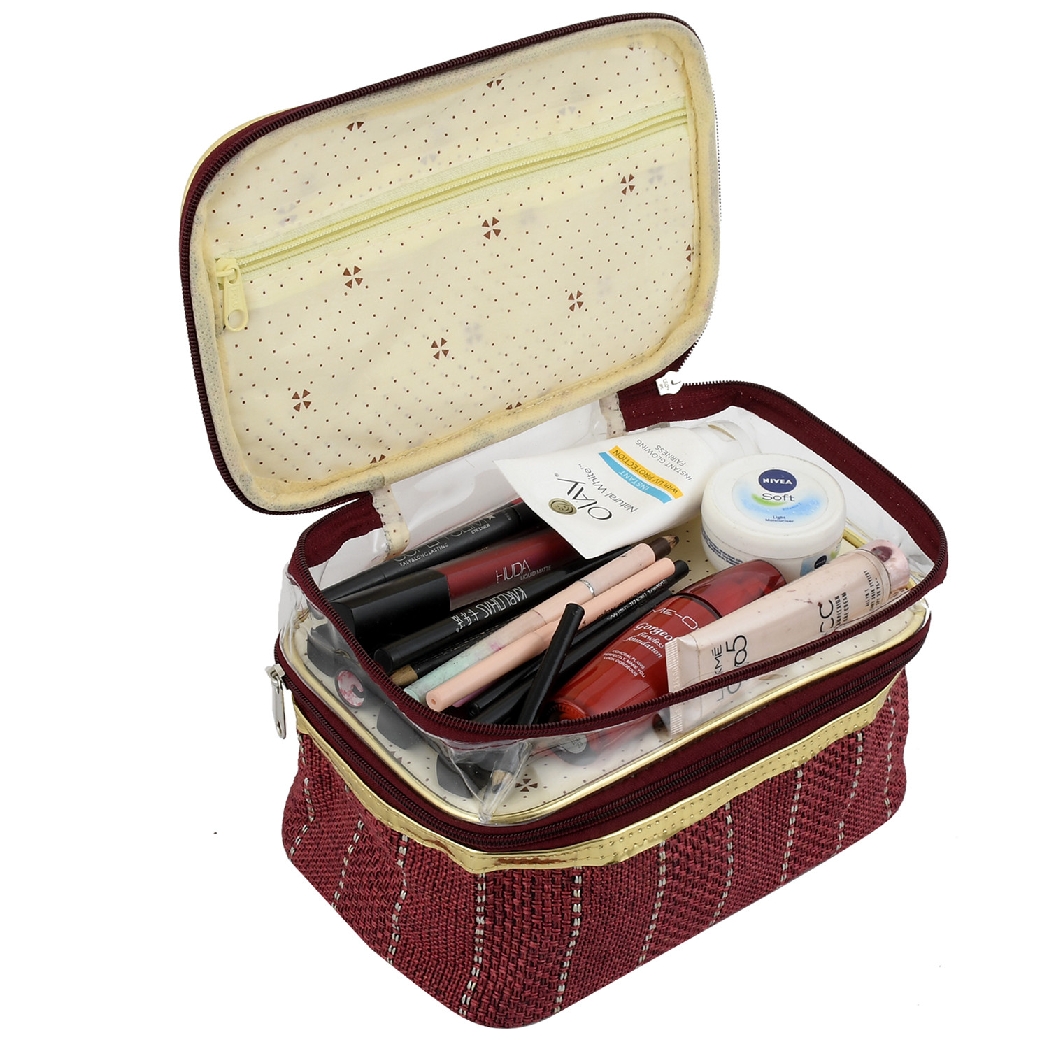 Kuber Industries Jute Design Make Up Kit Cum Cosmetic Kit, Jewellery Kit, Pouches for travel accessories (Maroon) -CTKTC38979