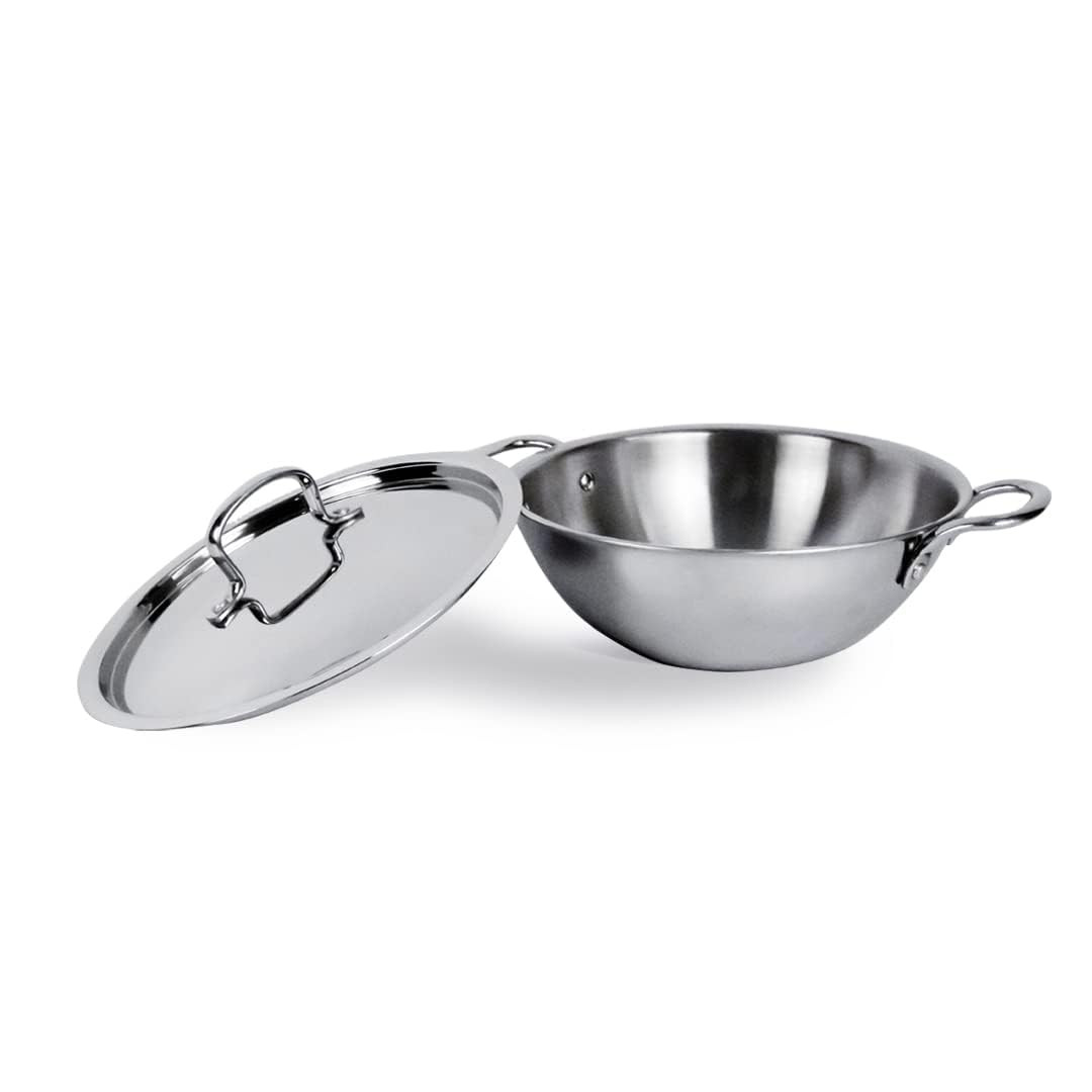 Kuber Industries Kadai with Lid | Triply Kadai With Lid | Induction Riveted Handle | Heat Surround Cooking | Stove & Induction Cookware | Extra Deep Frying Pan | 1.6 Ltr | Silver