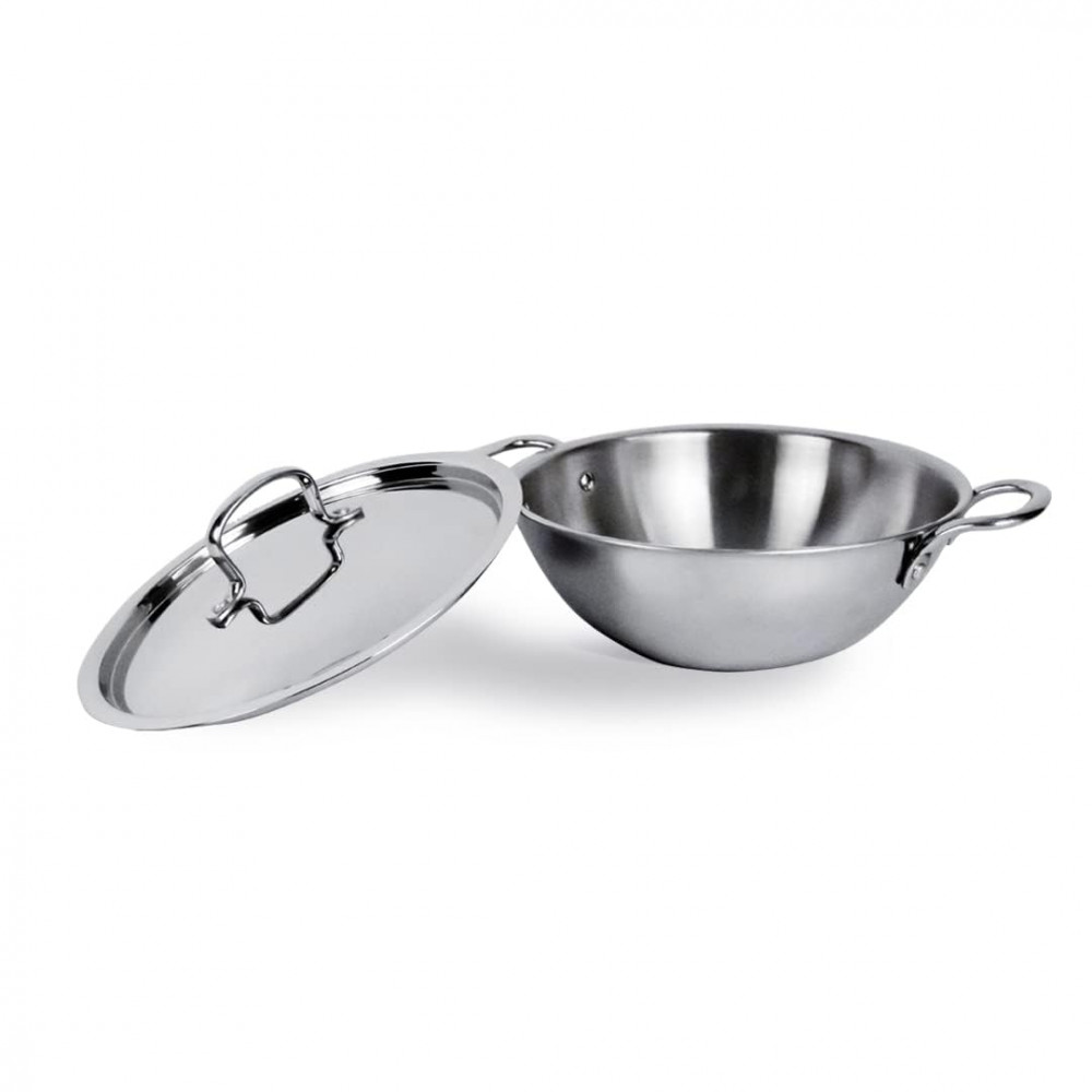 Kuber Industries Kadai with Lid | Triply Kadai With Lid | Induction Riveted Handle | Heat Surround Cooking | Stove &amp; Induction Cookware | Extra Deep Frying Pan | 1.6 Ltr | Silver