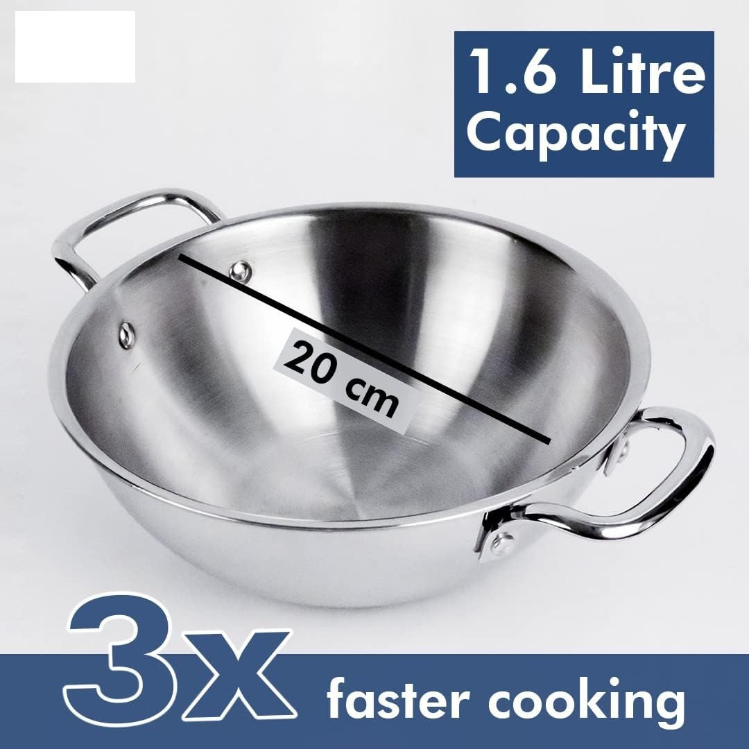 Kuber Industries Kadai with Lid | Triply Kadai With Lid | Induction Riveted Handle | Heat Surround Cooking | Stove & Induction Cookware | Extra Deep Frying Pan | 1.6 Ltr | Silver