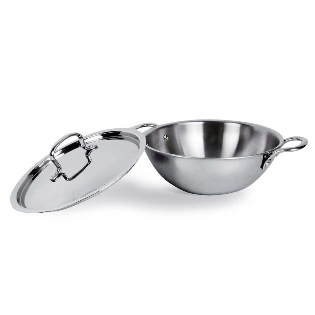 Kuber Industries Kadai with Lid | Triply Kadai With Lid | Induction Riveted Handle | Heat Surround Cooking | Stove & Induction Cookware | Extra Deep Frying Pan | 2.6 Ltr | Silver