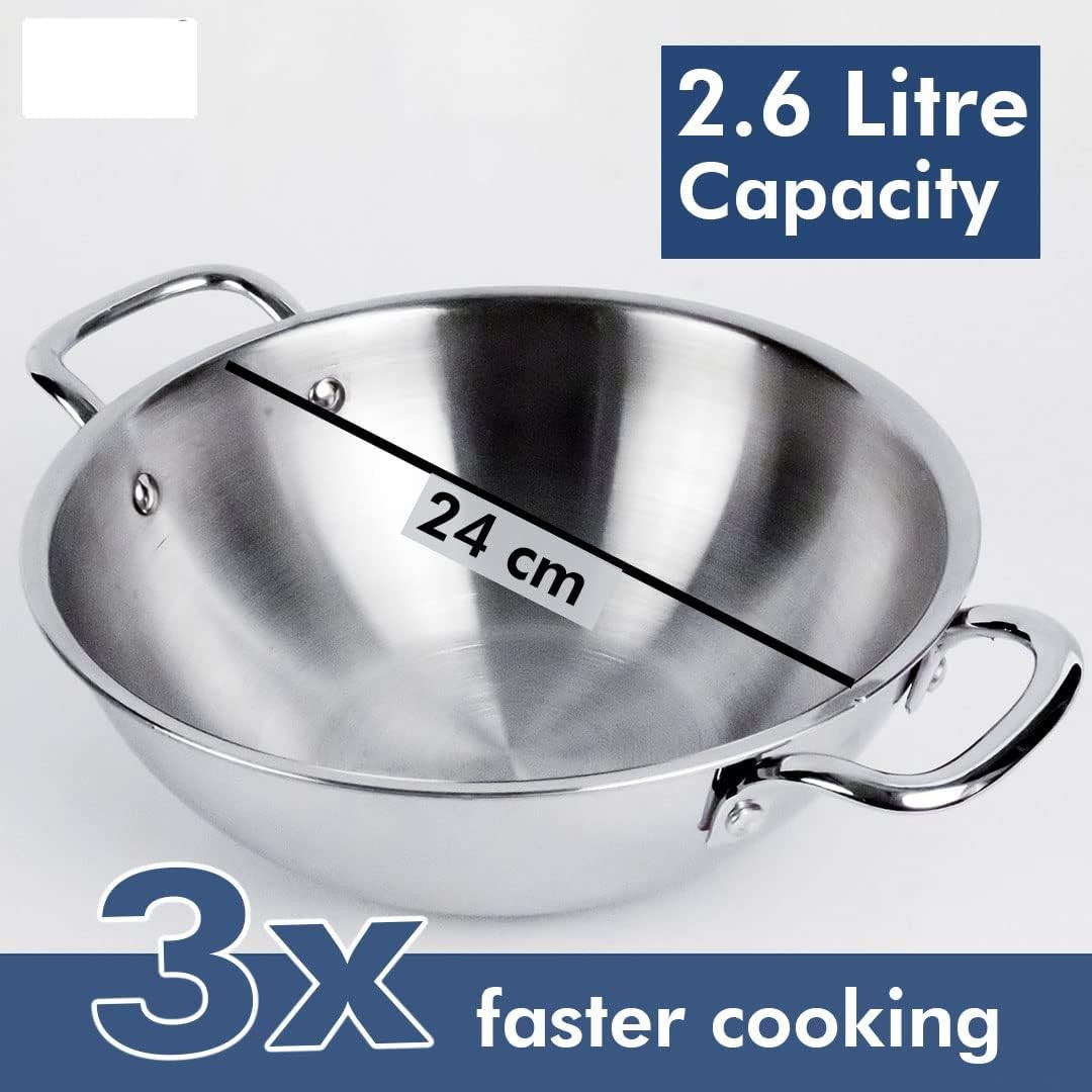 Kuber Industries Kadai with Lid | Triply Kadai With Lid | Induction Riveted Handle | Heat Surround Cooking | Stove & Induction Cookware | Extra Deep Frying Pan | 2.6 Ltr | Silver