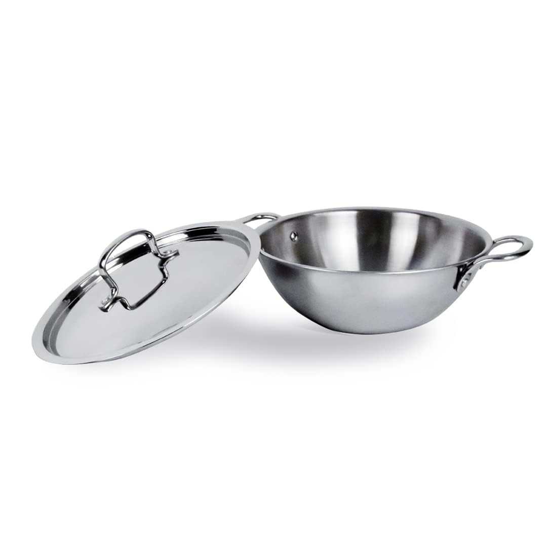 Kuber Industries Kadai with Lid | Triply Kadai With Lid | Induction Riveted Handle | Heat Surround Cooking | Stove & Induction Cookware | Extra Deep Frying Pan | 2.2 Ltr | Silver