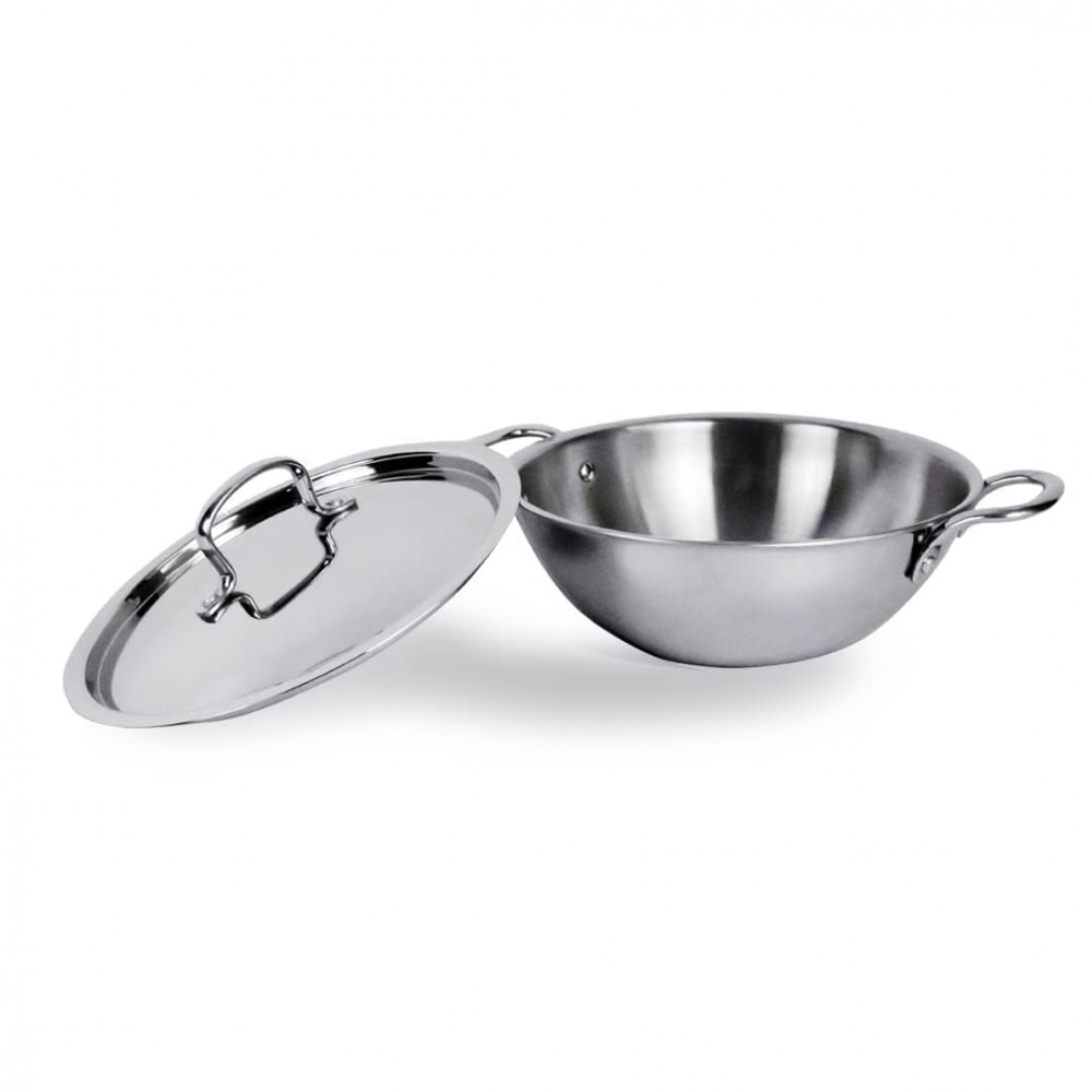 Kuber Industries Kadai with Lid | Triply Kadai With Lid | Induction Riveted Handle | Heat Surround Cooking | Stove &amp; Induction Cookware | Extra Deep Frying Pan | 2.2 Ltr | Silver
