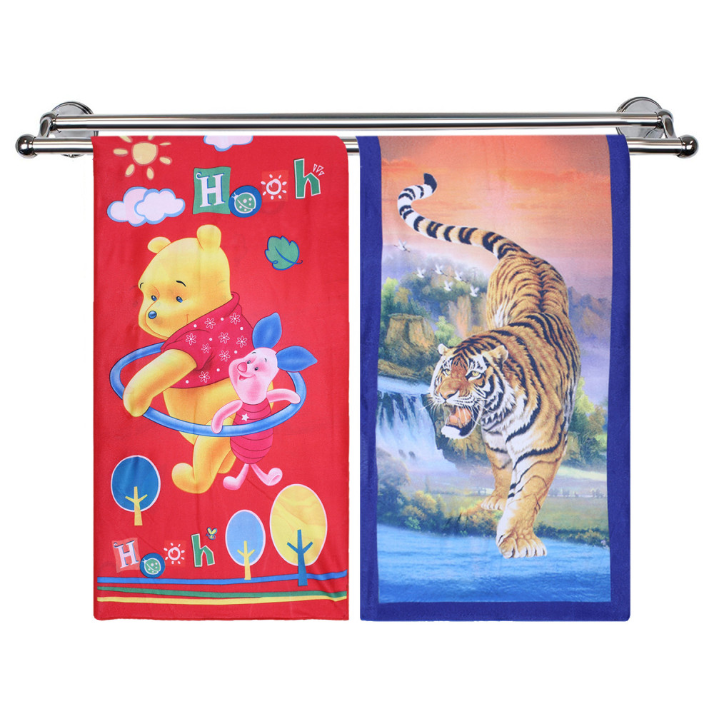 Kuber Industries Kids Bath Towel|Soft Cotton &amp; Sides Stitched Baby Towel|Super Absorbent Pooh,Piglet &amp; Tiger Print Towel Toddler,Pack of 2 (Multicolor)