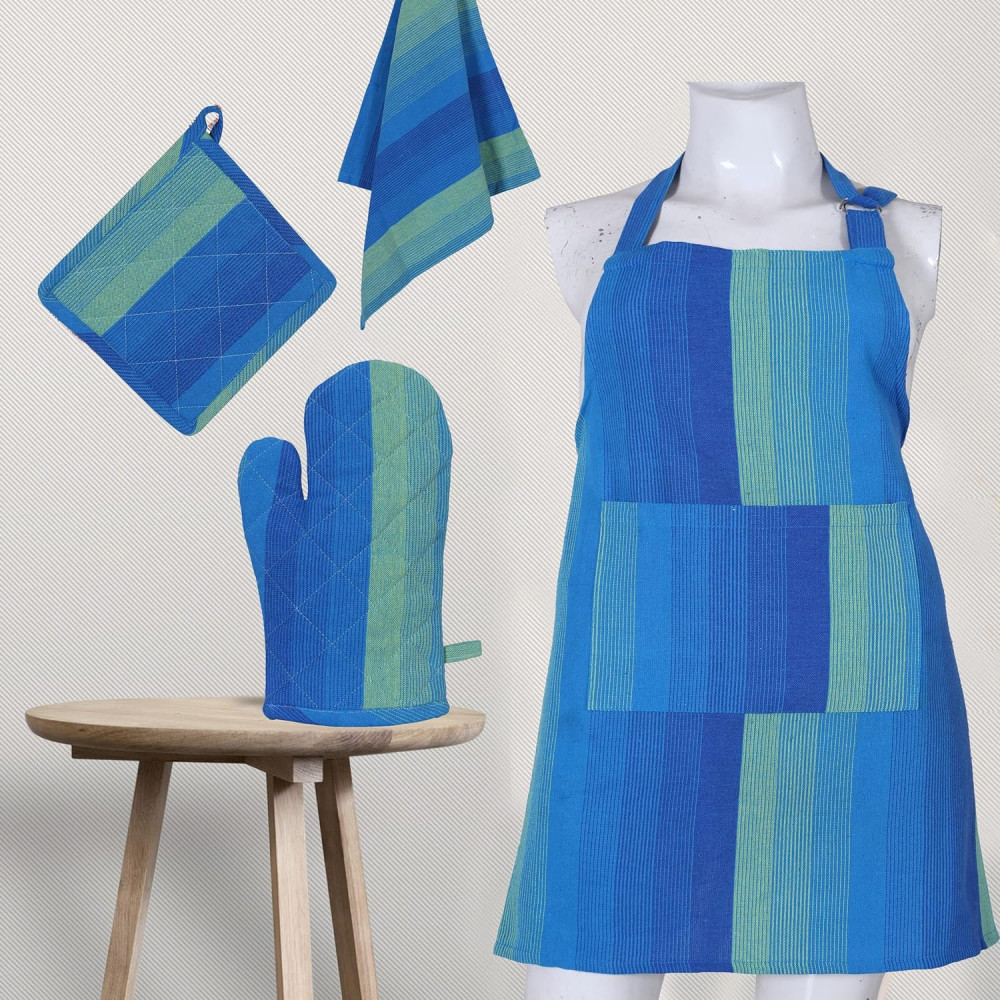 Kuber Industries Kitchen Apron Set |Center/Front Pocket Best Design Apron, Cotton Glove, Pot Holder &amp; Kitchen Towel|100% Cotton Adjustable Stain Resistant Cooking Kitchen Apron for Women &amp; Men (Blue)