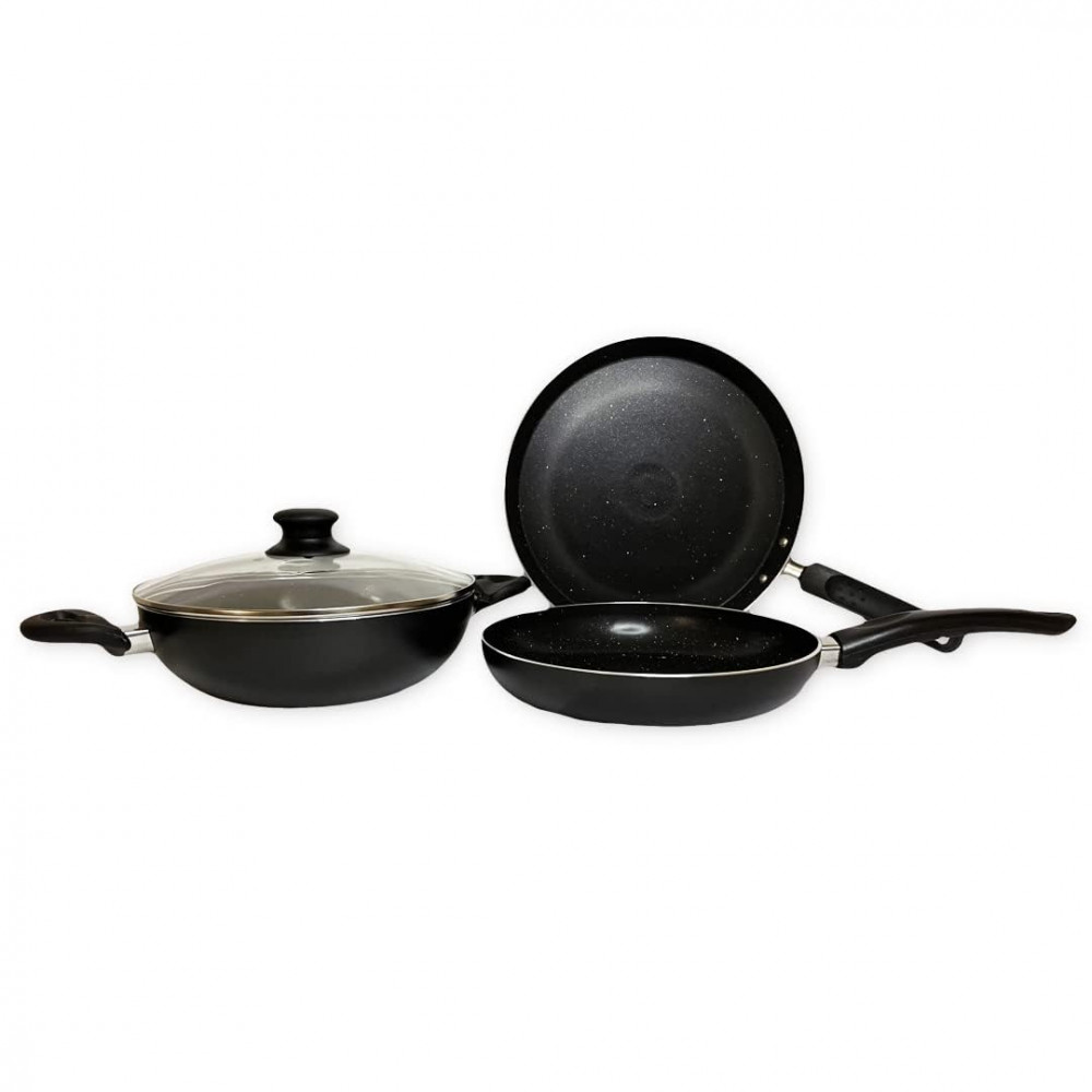Kuber Industries Kitchen Combo Set | Hard Anodised Tawa 2.4 mm | Non Stick Kadai | Frying Pan Non Stick with Lid | Stove &amp; Induction Cookware | Non Stick Set Combo | Medium | Set of 3 | Black