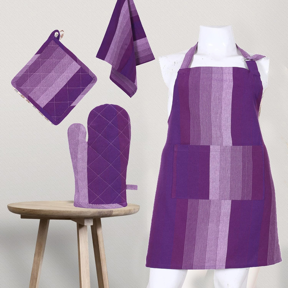 Kuber Industries Kitchen Linen Set|Cotton Glove,Pot Holder &amp; Kitchen Towel|Adjustable Buckle Stain Resistant Cooking Kitchen Apron for Men,Women (Purple)