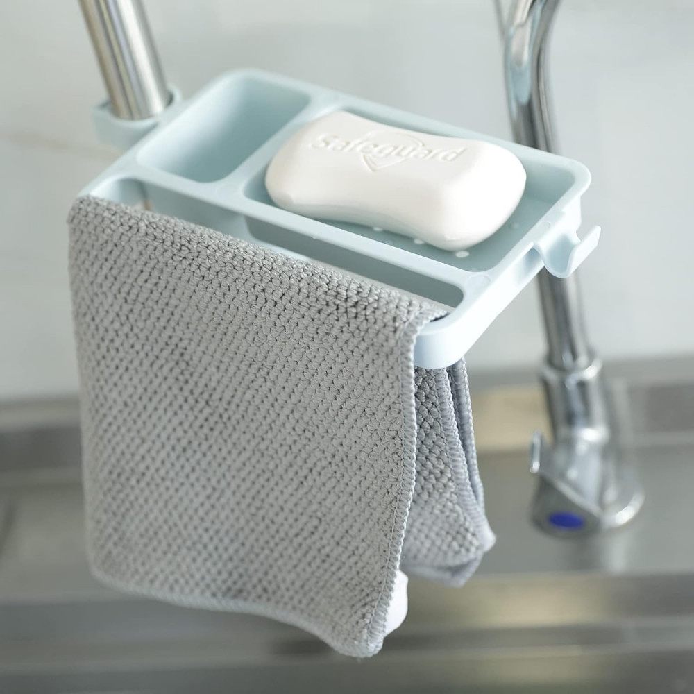 Kuber Industries Kitchen Organizer With Soap Holder|Premium PP|Durable &amp; Sturdy|DIY Self-Adhesive Design|Multipurpose Bathroom Shelf|Smart Drainage Holes|TM18005|Blue