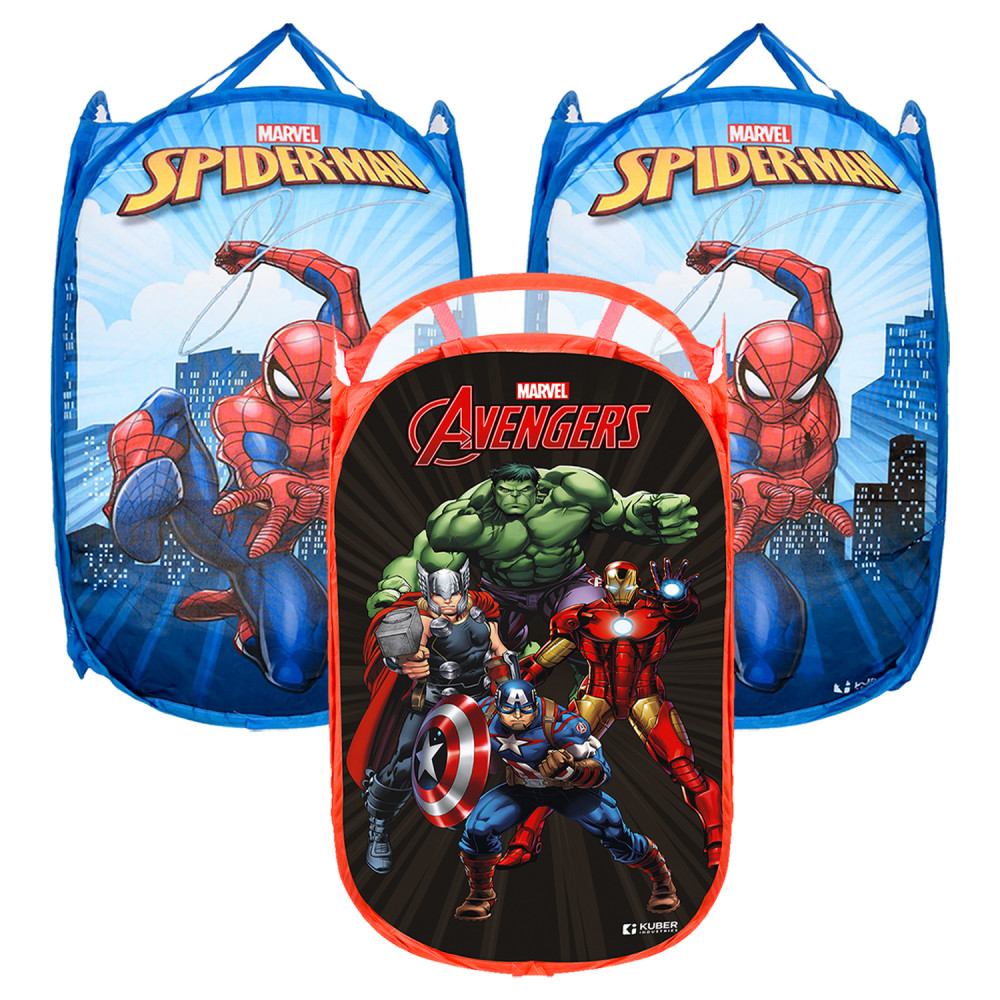 Kuber Industries Laundry Basket | Marvel Avengers &amp; Spiderman Net Foldable Laundry | Nylon Storage Basket with Handle | Toy Storage Basket | 30 LTR | Pack of 3 | Multicolor