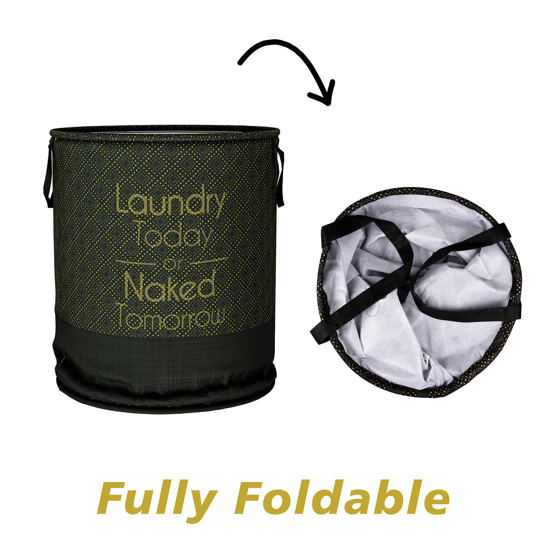 Kuber Industries Laundry Basket | Non-Woven Round Laundry Basket | Clothes Storage Hamper | Foldable Laundry Bag with Handle | Toy Storage Basket | Golden Dot | 45 LTR | Black