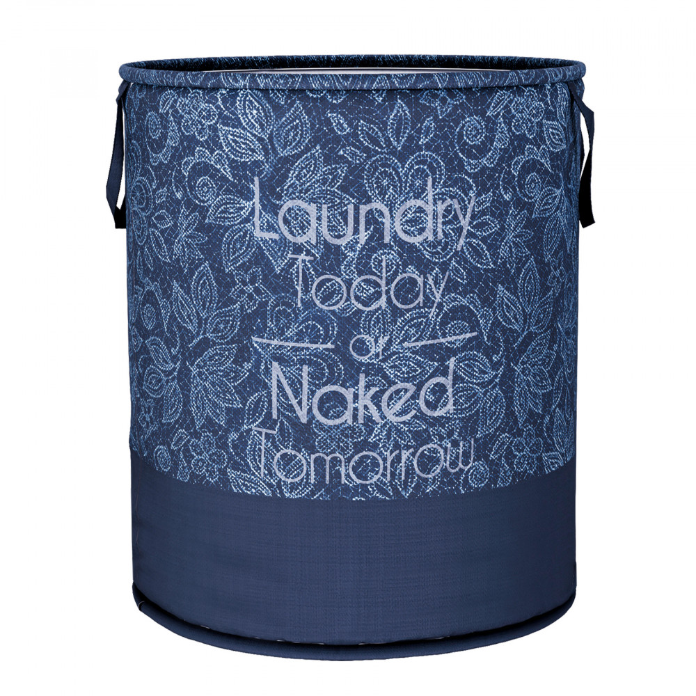Kuber Industries Laundry Basket | Non-Woven Round Laundry Basket | Clothes Storage Hamper | Foldable Laundry Bag with Handle | Toy Storage Basket | Flower-Print | 45 LTR | Navy Blue