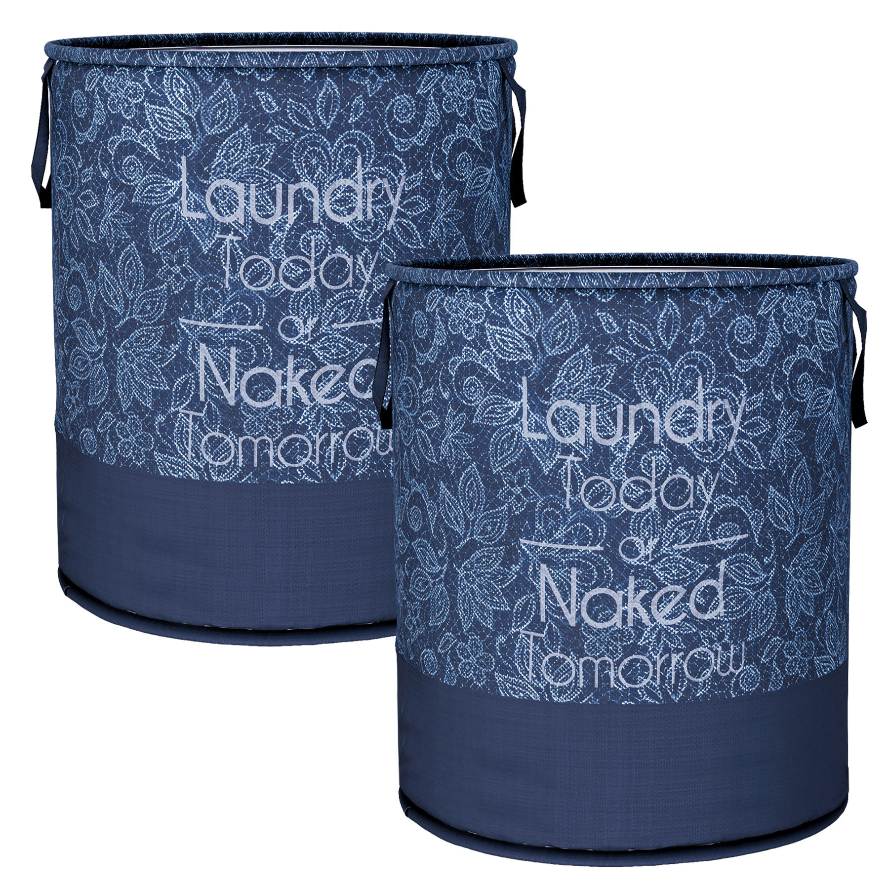 Kuber Industries Laundry Basket | Non-Woven Round Laundry Basket | Clothes Storage Hamper | Foldable Laundry Bag with Handle | Toy Storage Basket | Flower-Print | 45 LTR | Navy Blue