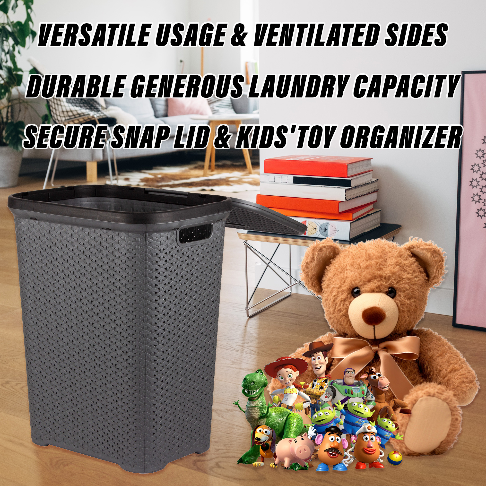 Kuber Industries Laundry Basket | Plastic Cloth Storage Hamper | Laundry Storage Basket with Lid | Laundry Basket For Bathroom | Storage Organizer | ELEGANCE | Gray