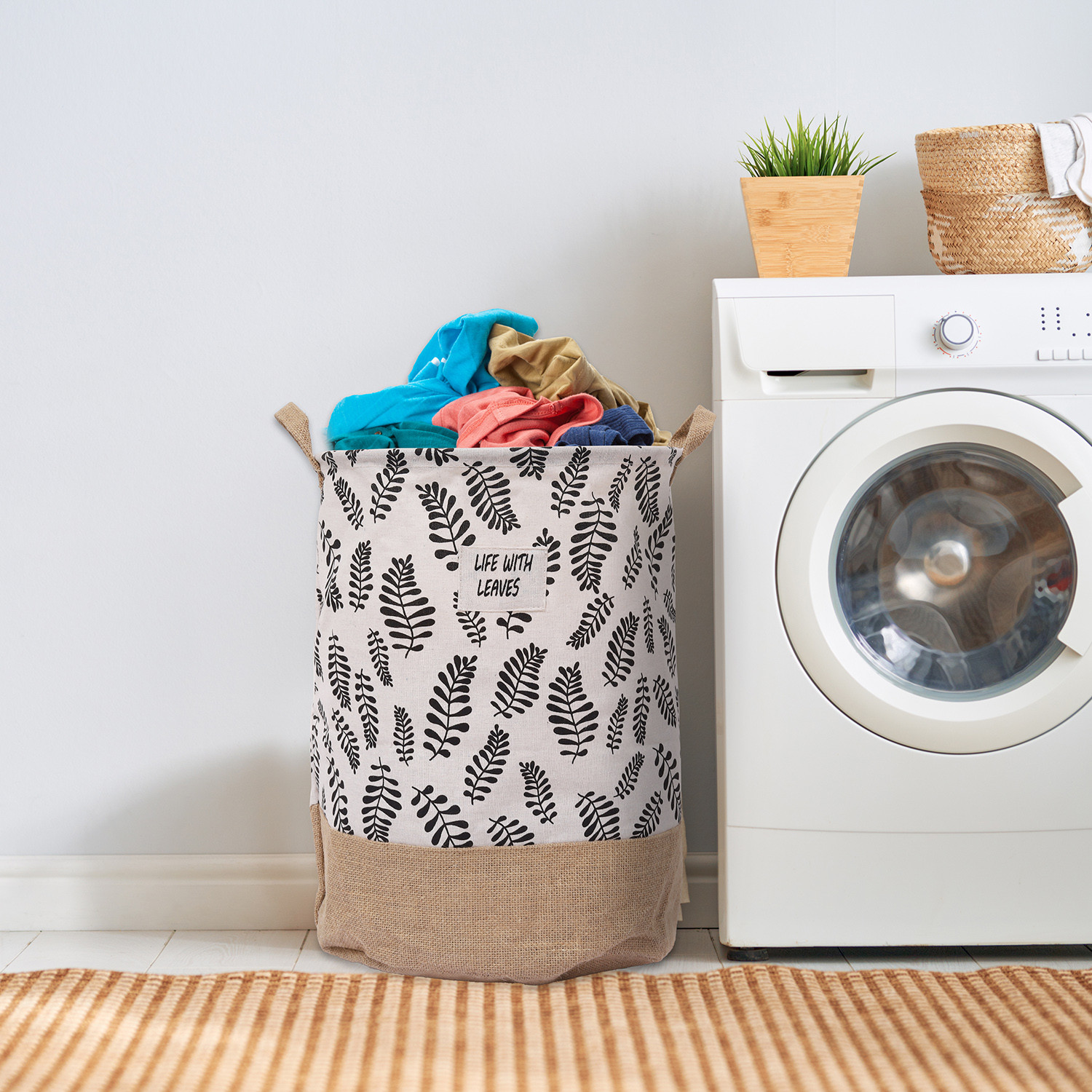 Kuber Industries Laundry Basket | Round Foldable Laundry Basket | Flower Gol Jute Storage Bag | Clothes Basket for Home | Toy Storage Basket | 45 LTR | Brown