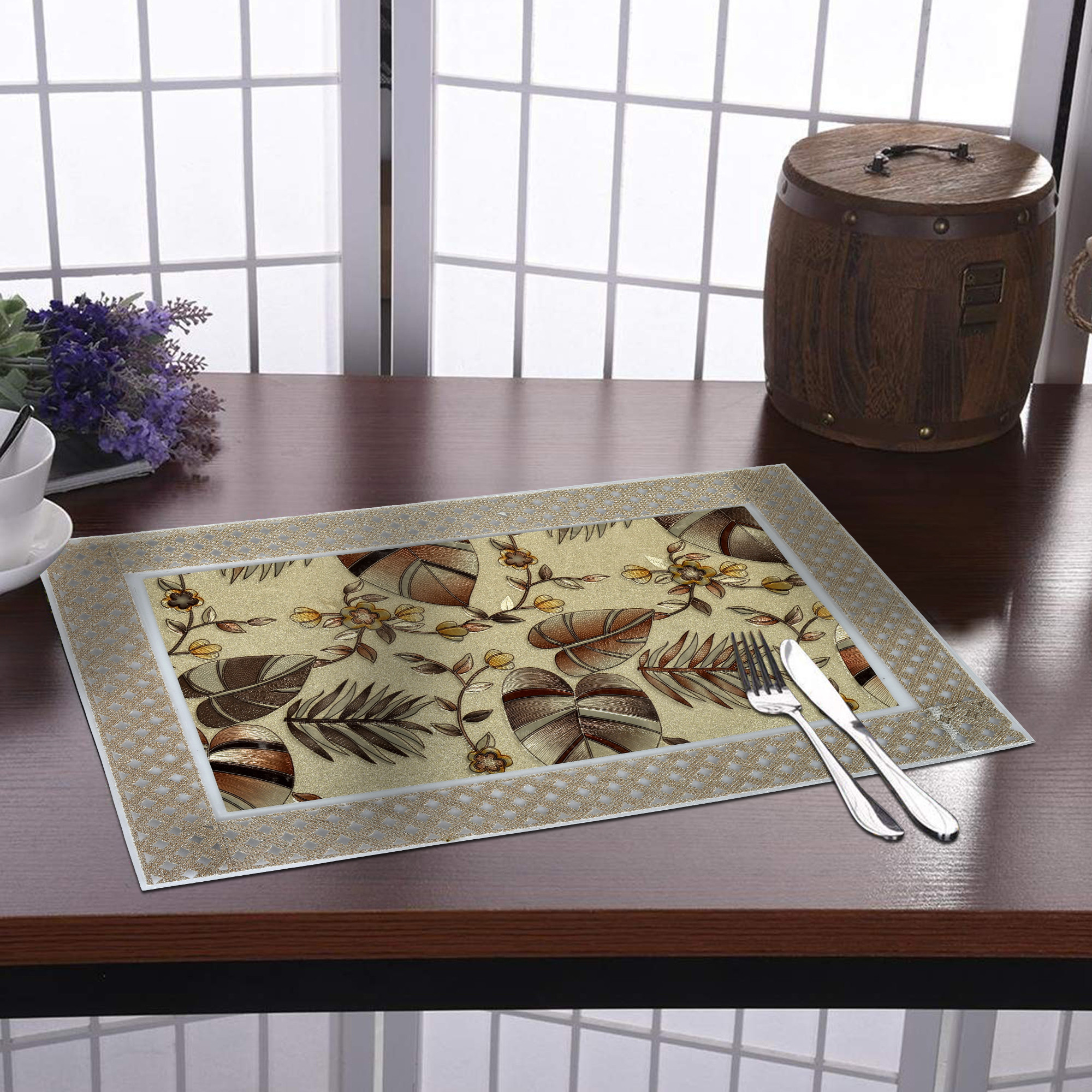 Kuber Industries Leaf Design PVC Dining Table Placemat Set, Set of 6 (Gold)