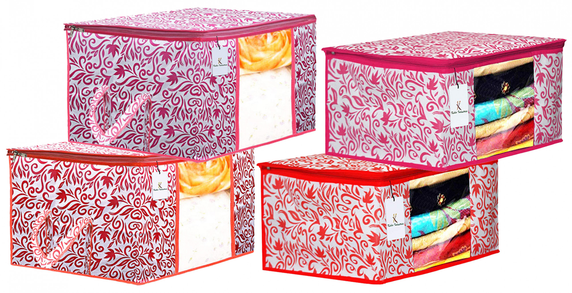 Kuber Industries Leaf DesignNon Woven Saree Cover And Underbed Storage Bag, Storage Organiser, Blanket Cover, Red & Pink  -CTKTC42369