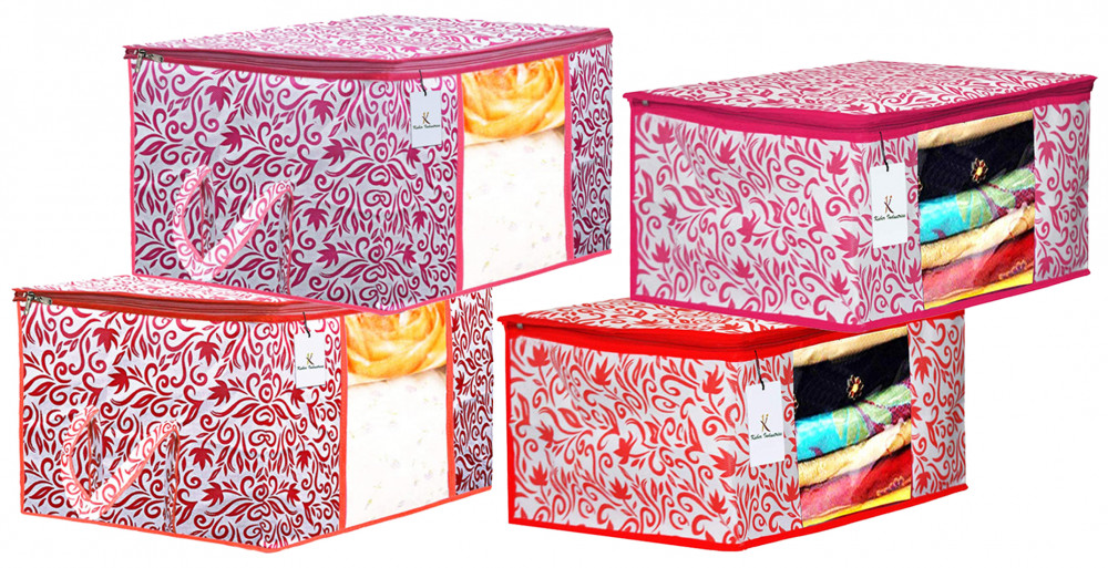 Kuber Industries Leaf DesignNon Woven Saree Cover And Underbed Storage Bag, Storage Organiser, Blanket Cover, Red &amp; Pink  -CTKTC42369