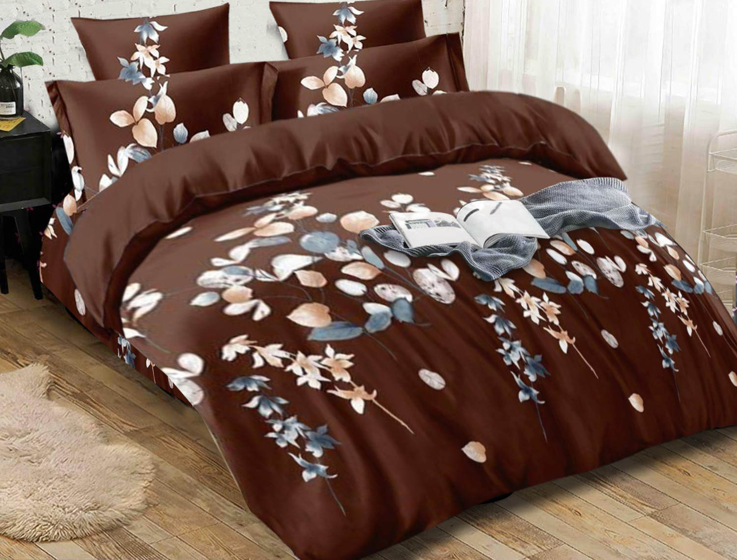 Kuber Industries Leaf Print Glace Cotton Double Bedsheet with 2 Pillow Covers (Brown)