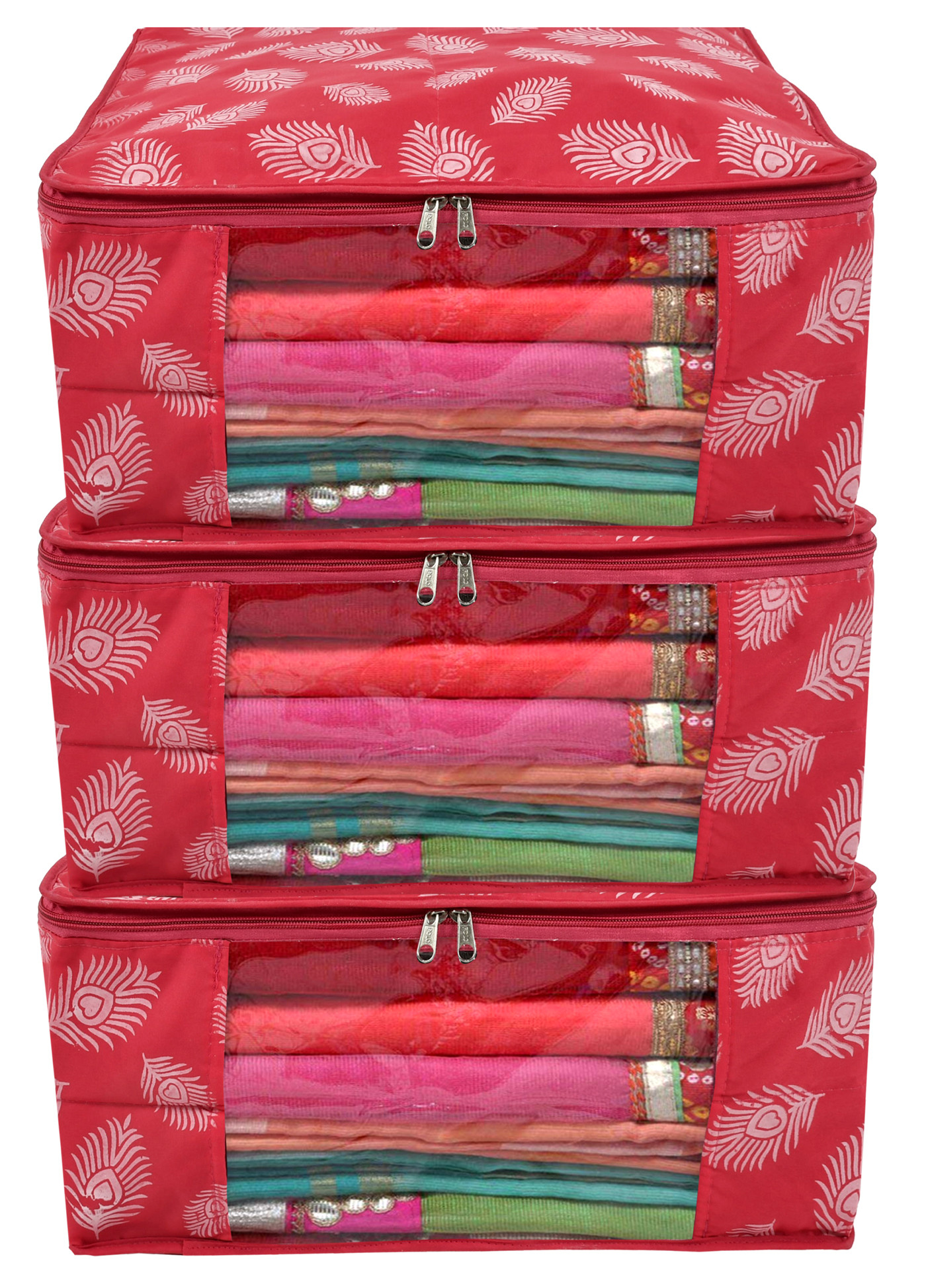 Kuber Industries Leaf Printed Saree Cover/Clothes Organiser For Wardrobe With Transparent Window,(Pink)