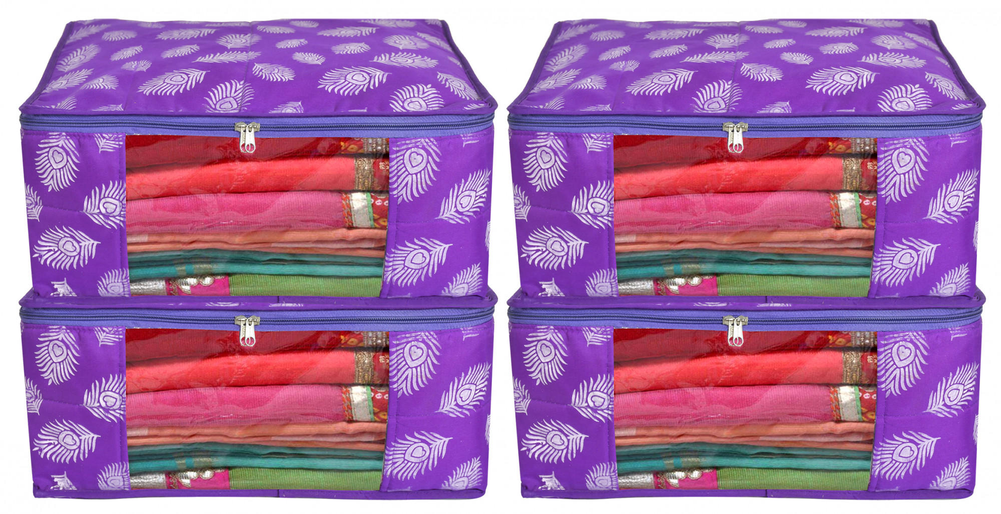 Kuber Industries Leaf Printed Saree Cover/Clothes Organiser For Wardrobe With Transparent Window,(Purple)