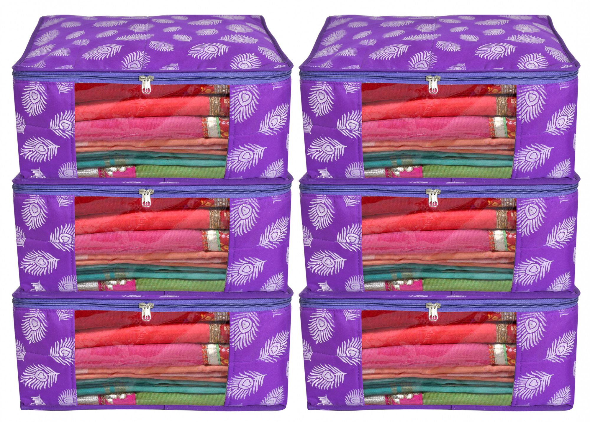 Kuber Industries Leaf Printed Saree Cover/Clothes Organiser For Wardrobe With Transparent Window,(Purple)