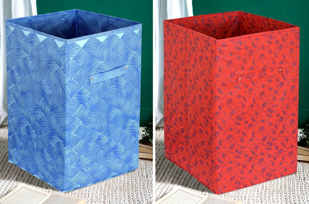 Kuber Industries Leheriya Metalic Floral Print Non Woven Fabric Foldable Laundry Basket , Toy Storage Basket, Cloth Storage Basket With Handles (Set Of 2, Beige &amp; Blue)-KUBMART2085