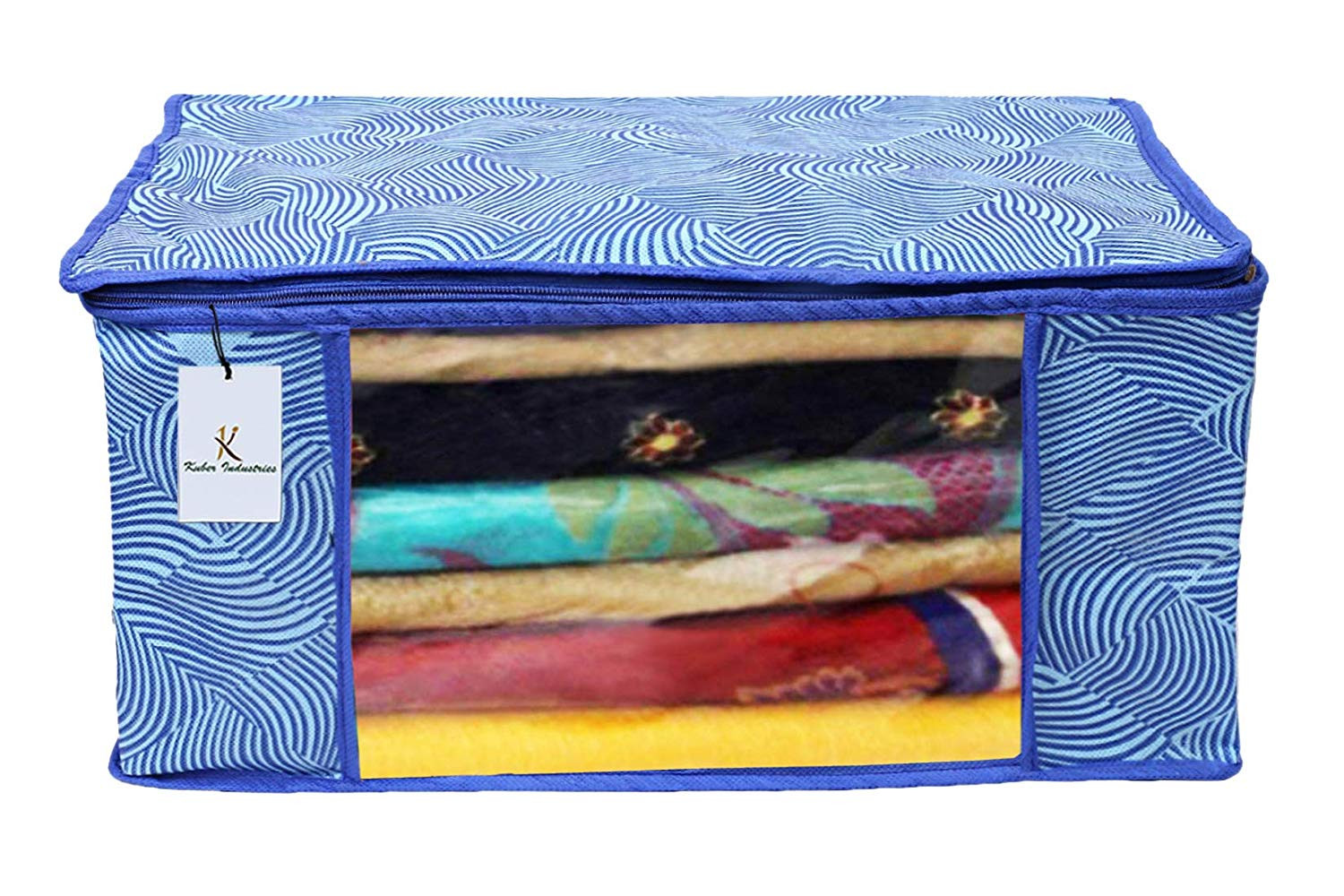 Kuber Industries Leheriya Printed Non Woven Fabric Saree Cover Set with Transparent Window, Extra Large, Orange & Blue -CTKTC40793