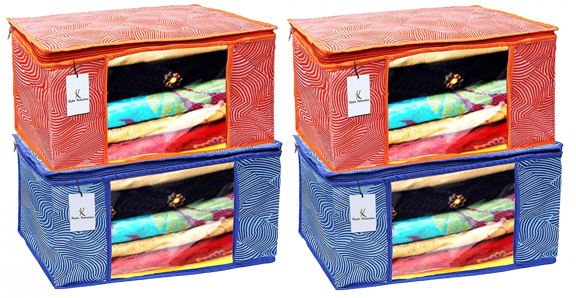 Kuber Industries Leheriya Printed Non Woven Fabric Saree Cover Set with Transparent Window, Extra Large, Orange & Blue -CTKTC40793