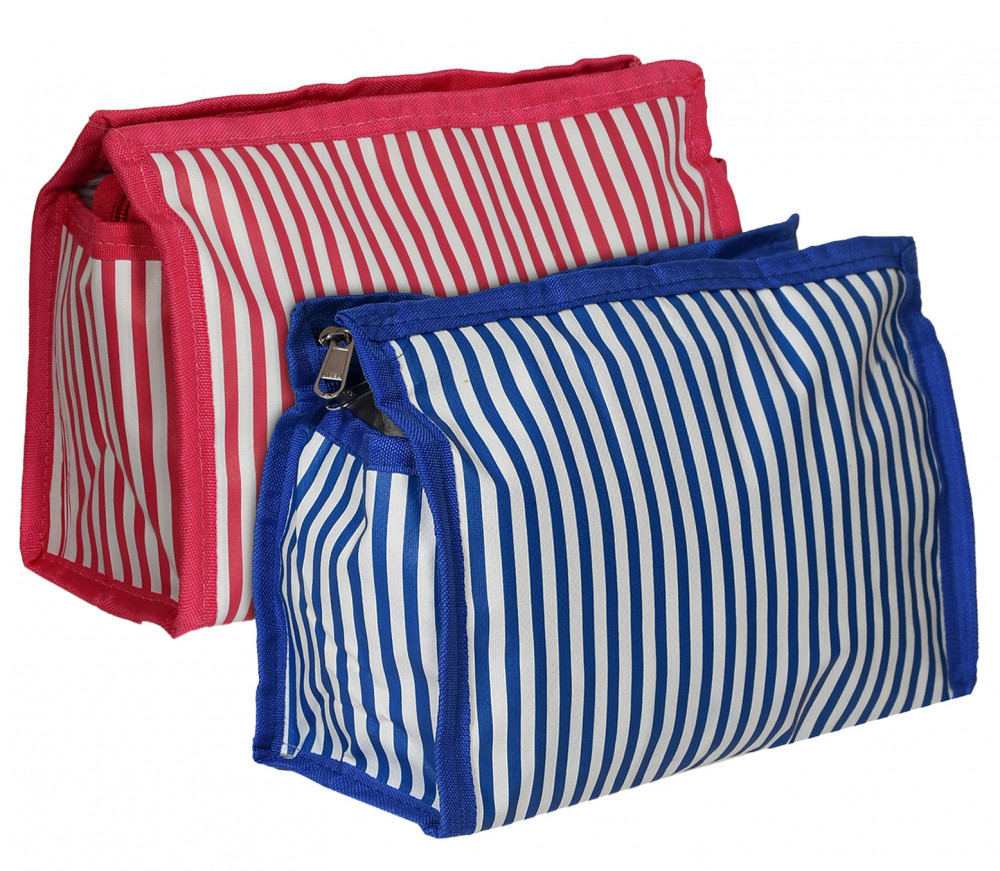 Kuber Industries Lining Print PVC Toiletry Bag For Home &amp; Travelling With 3 Main Zipper (Blue &amp; Pink) 54KM4354