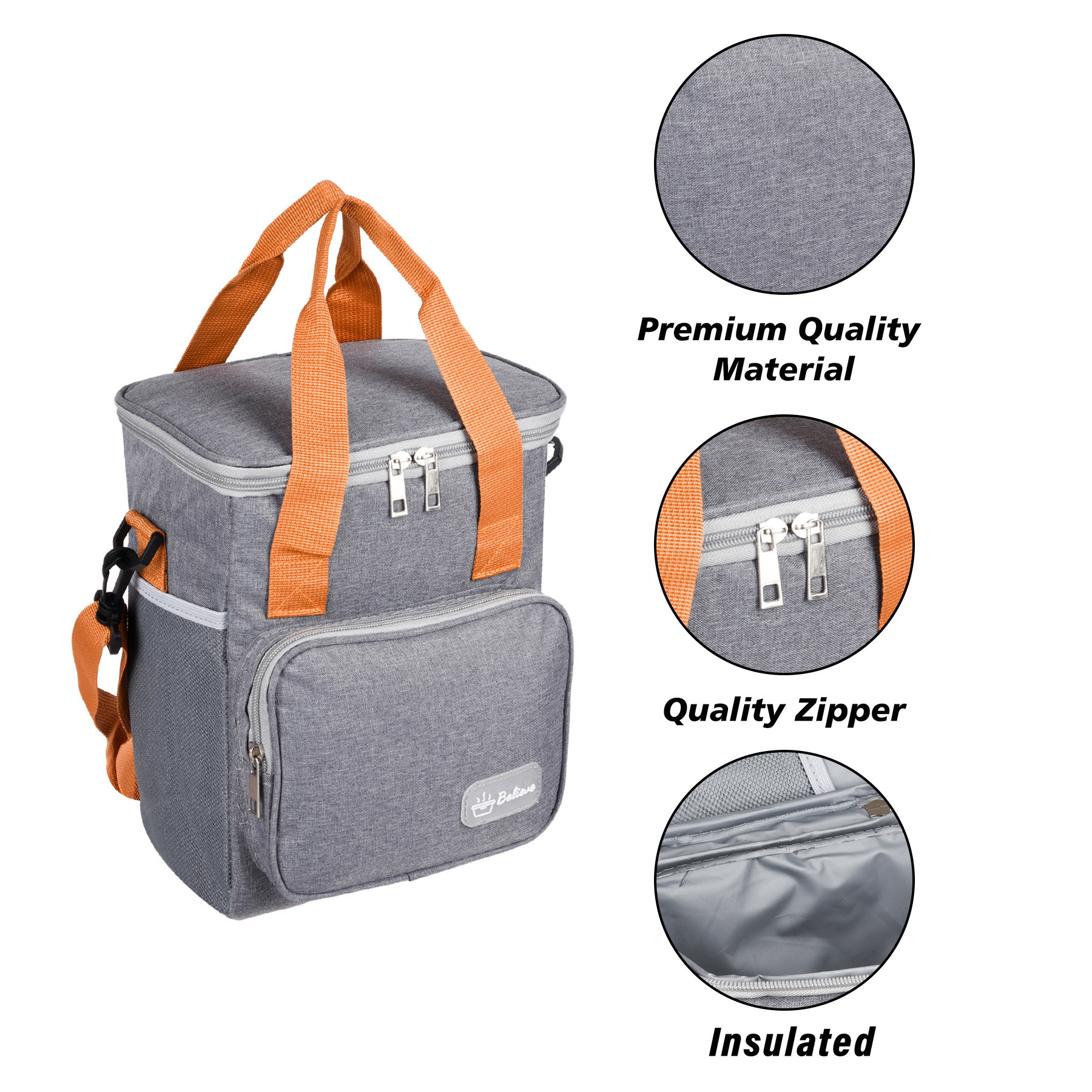 Kuber Industries Lunch Bag | Rexine Insulated Lunch Bag | Tiffin Bag with Bottle Holder | Waterproof Lunch Bag With Handle | Front Pocket Lunch Bag for Office | Believe-Design | Gray