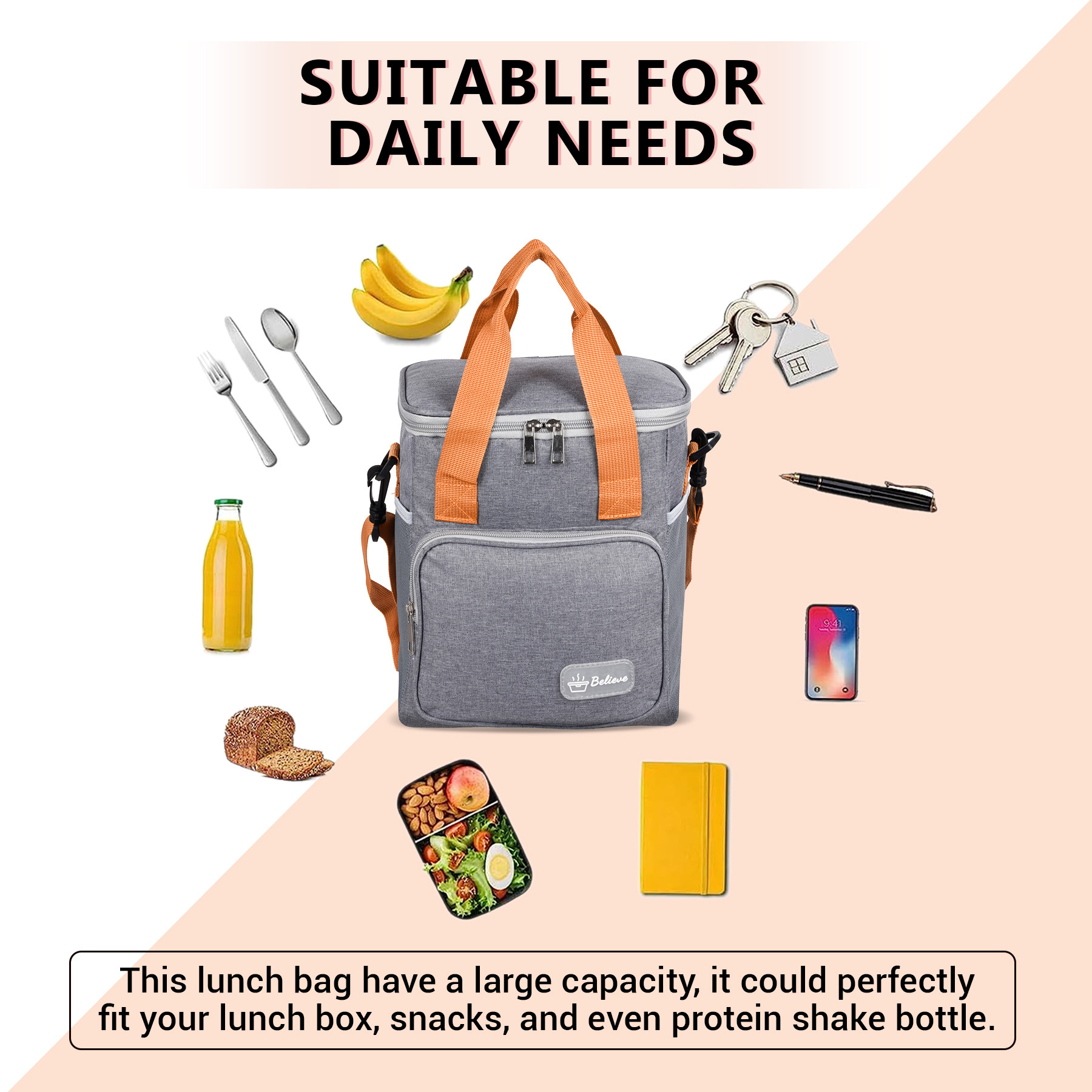 Kuber Industries Lunch Bag | Rexine Insulated Lunch Bag | Tiffin Bag with Bottle Holder | Waterproof Lunch Bag With Handle | Front Pocket Lunch Bag for Office | Believe-Design | Gray