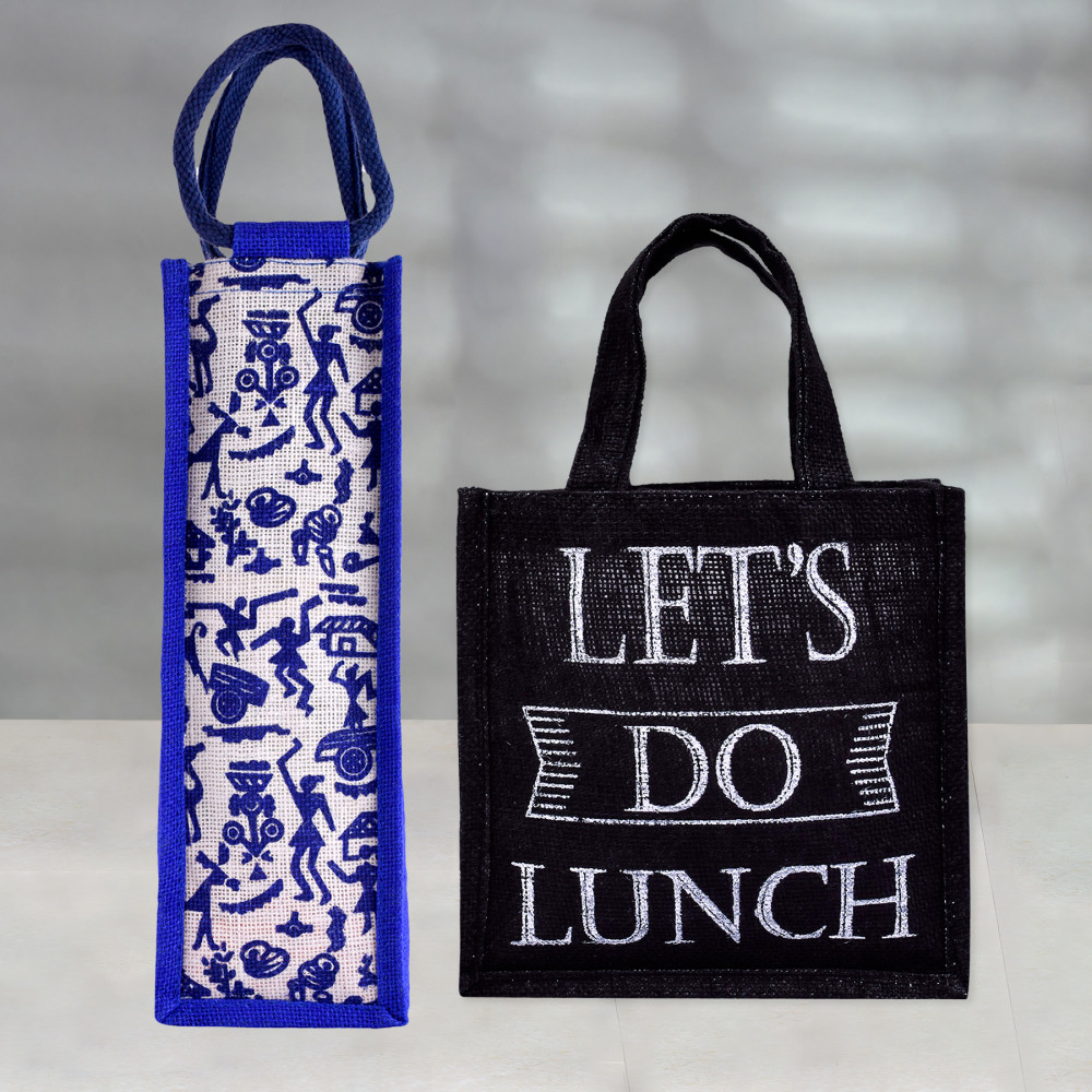 Kuber Industries Lunch Bag &amp; Bottle Bag Combo Set | Lunch &amp; Bottle Organizer Set | Lunch &amp; Bottle Storage Set | Jute Carry Bags | Office Lunch Bag Set |Multi