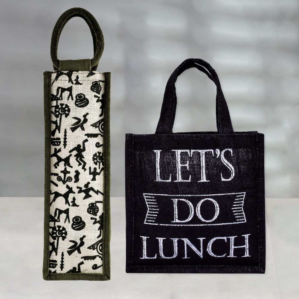 Kuber Industries Lunch Bag &amp; Bottle Bag Combo Set | Lunch &amp; Bottle Organizer Set | Lunch &amp; Bottle Storage Set | Jute Carry Bags | Office Lunch Bag Set | Multi