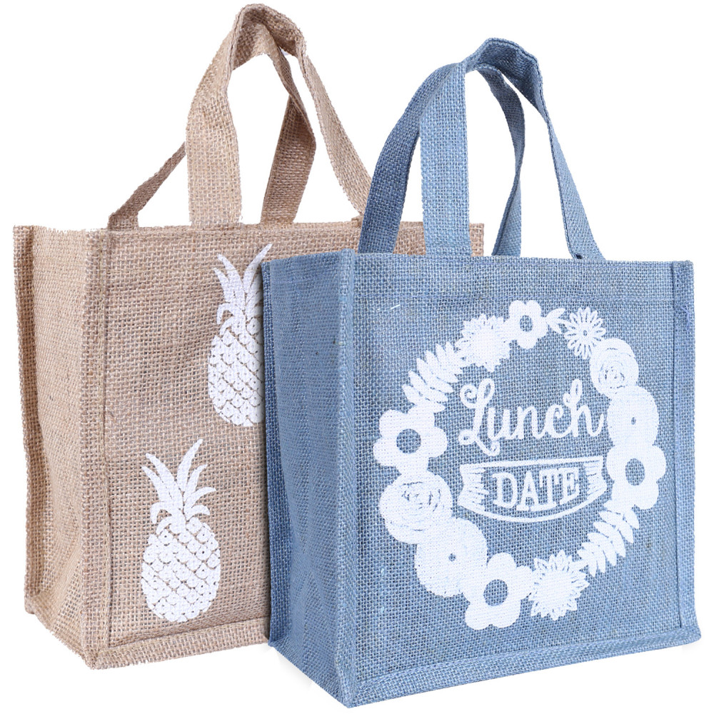 Kuber Industries Lunch Bag|Reusable Jute Fabric Tote Bag|Durable &amp; Attractive Print Tiffin Carry Hand bag with Handle For office,School,Gift,Pack of 2 (Gray &amp; Brown)