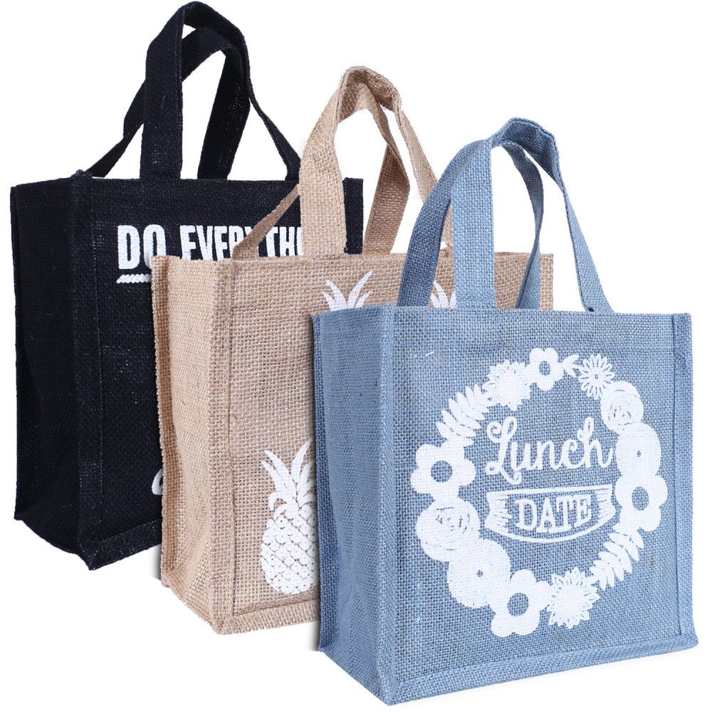 Kuber Industries Lunch Bag|Reusable Jute Fabric Tote Bag|Durable &amp; Attractive Print Tiffin Carry Hand bag with Handle For office,School,Gift,Pack of 3 (Multicolor)