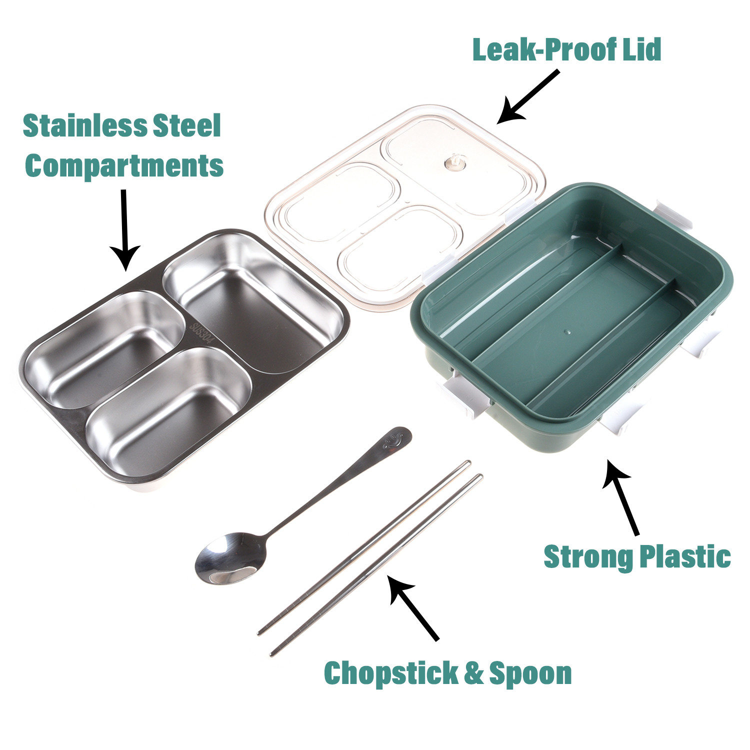 Kuber Industries Lunch Box | Stainless Steel 3 Compartments Lunch Box | Students Lunch Box | Office Lunch Box | Chopstick & Spoon | Leak-Proof Lunch Box | SUS304 | Green