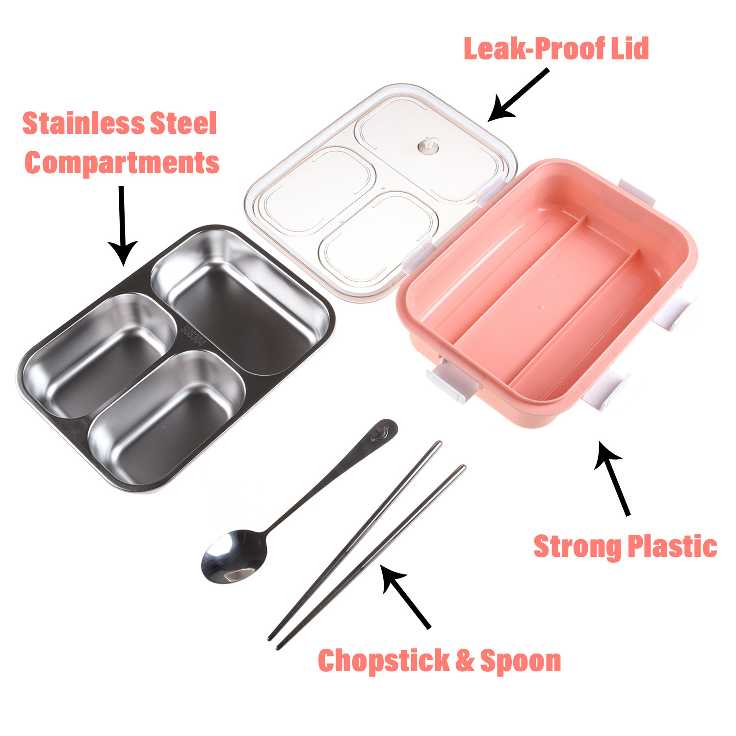 Kuber Industries Lunch Box | Stainless Steel 3 Compartments Lunch Box | Students Lunch Box | Office Lunch Box | Chopstick & Spoon | Leak-Proof Lunch Box | SUS304 | Pink
