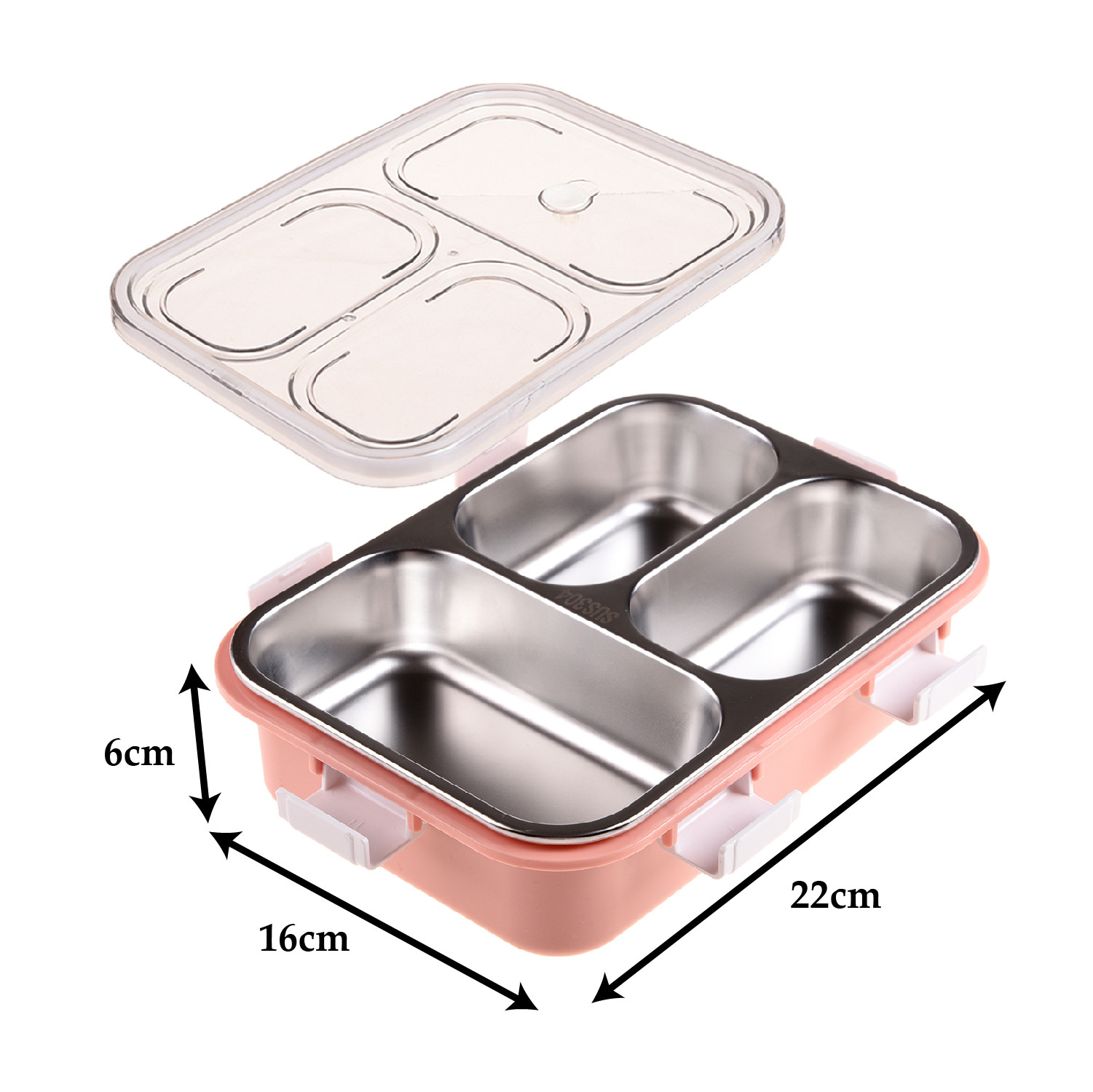Kuber Industries Lunch Box | Stainless Steel 3 Compartments Lunch Box | Students Lunch Box | Office Lunch Box | Chopstick & Spoon | Leak-Proof Lunch Box | SUS304 | Pink