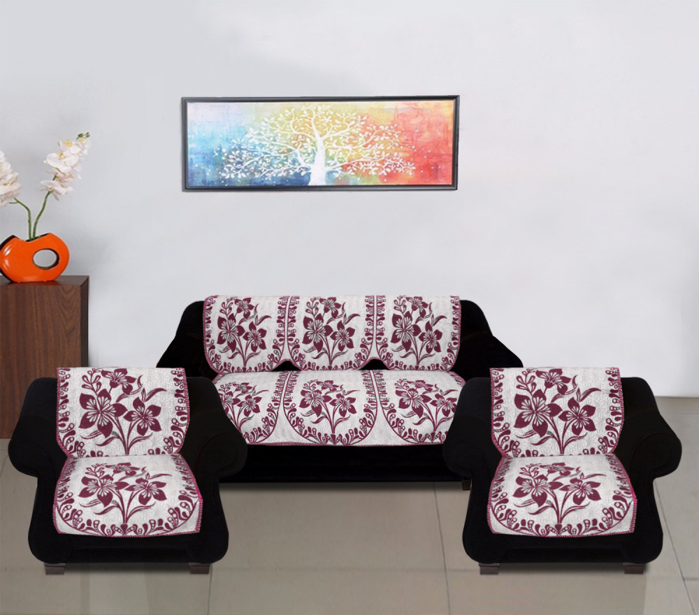 Kuber Industries Luxurious Cotton Floral Design 5 Seater Sofa Cover Set for Living Room (Maroon)