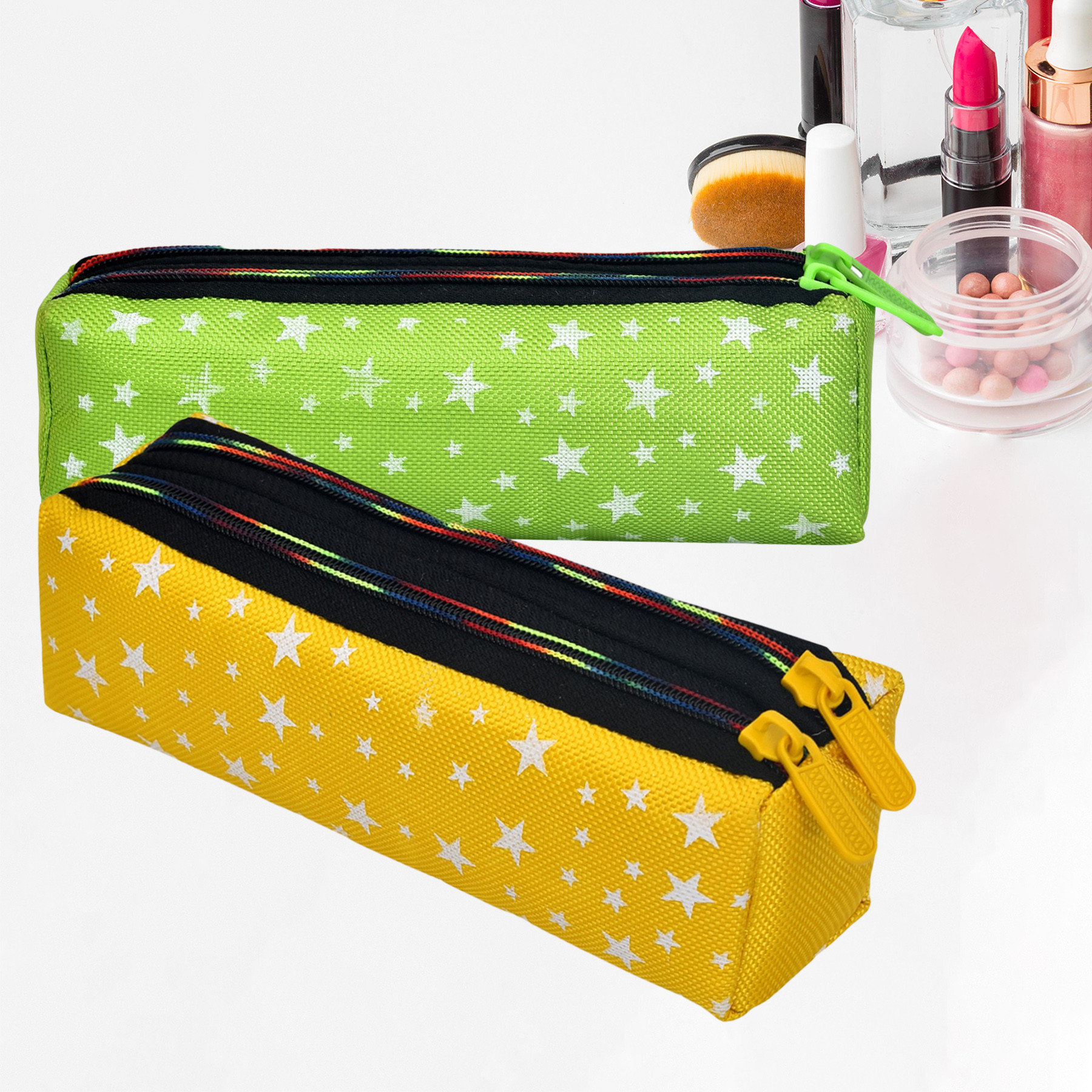 Kuber Industries Makeup Pouch | Rexine Cosmetic Pouch | Jewellery Utility Pouch | Toiletry Pouch for Girls | Travel Makeup Pouch for Girls | Storage Makeup Bag | Star Makeup Pouch | Pack of 2 | Multi